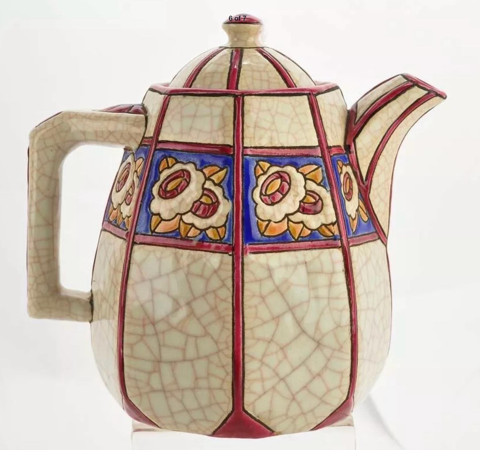 Longwy French Ceramic Cloisonné Art Deco Coffee Tea Suite In Good Condition In Oakland, CA