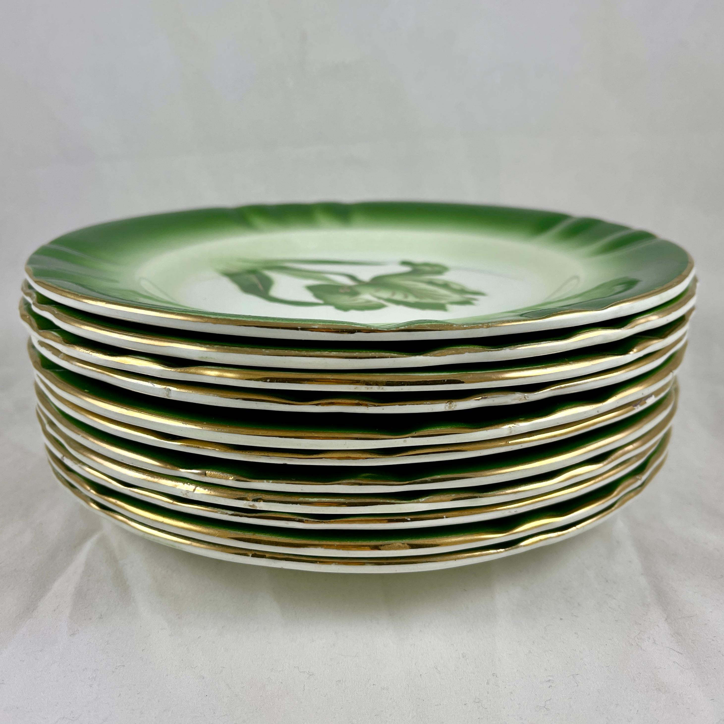 Longwy French Faïence ‘Tulipes’ Pattern Ombre Green & Gold Floral Plate, 1908 4