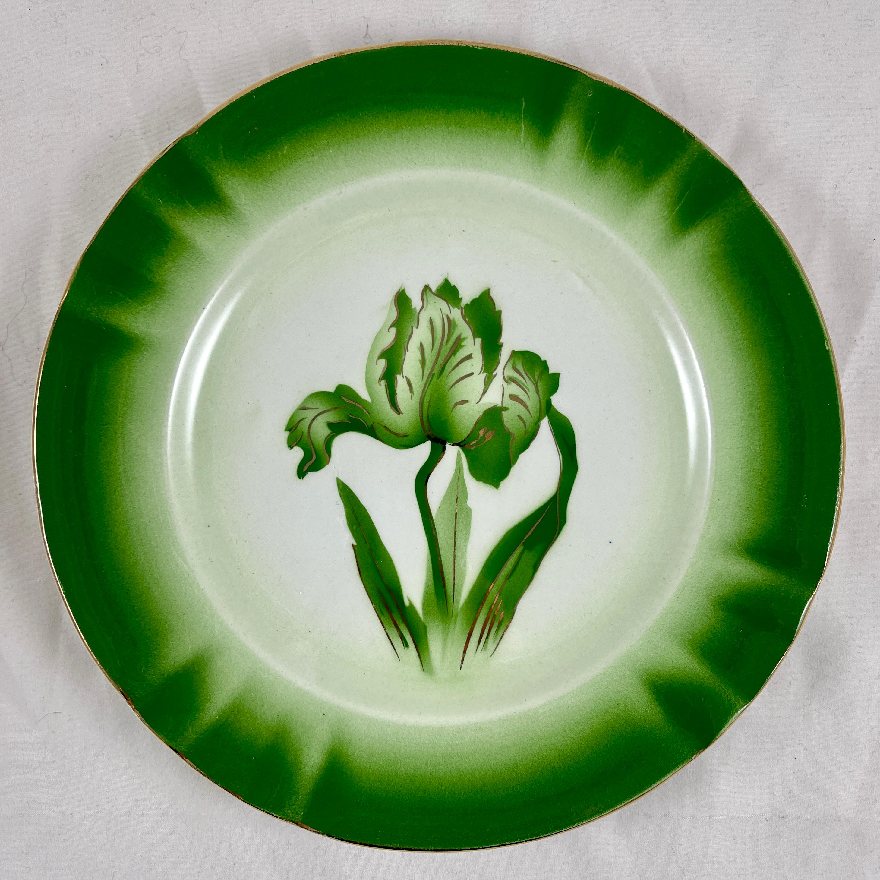 Glazed Longwy French Faïence ‘Tulipes’ Pattern Ombre Green & Gold Floral Plate, 1908