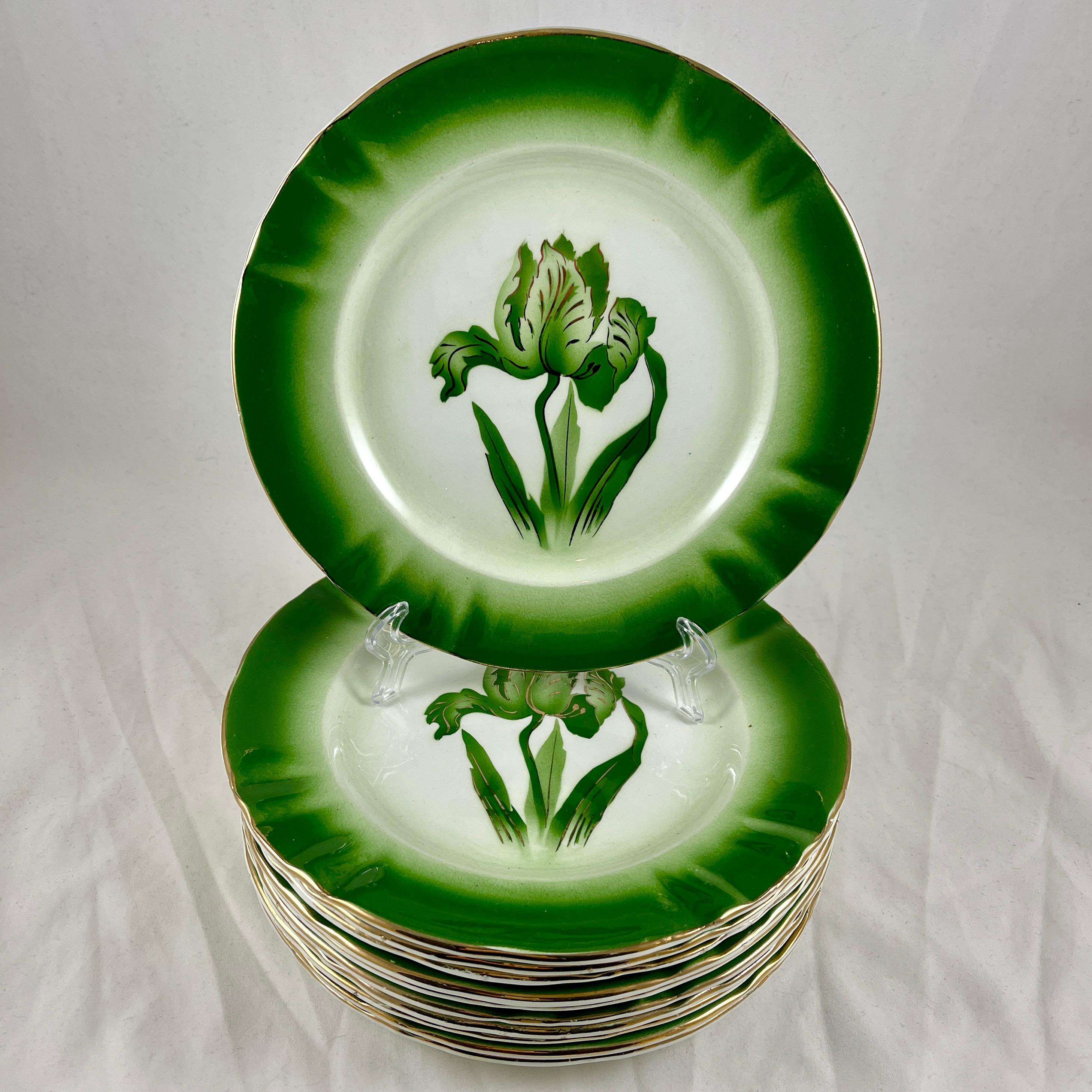 Longwy French Faïence ‘Tulipes’ Pattern Ombre Green & Gold Floral Plate, 1908 In Good Condition In Philadelphia, PA