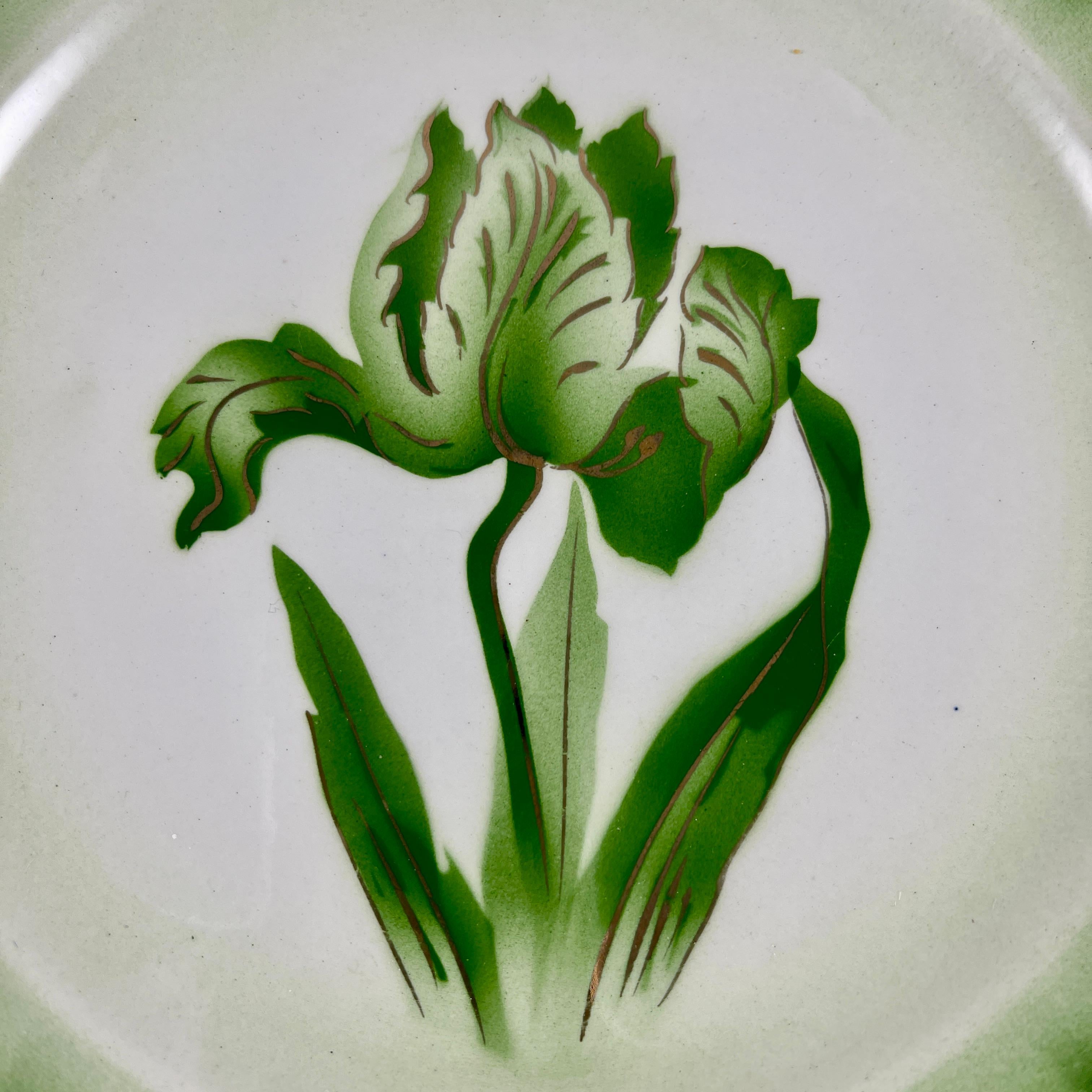 Earthenware Longwy French Faïence ‘Tulipes’ Pattern Ombre Green & Gold Floral Plate, 1908