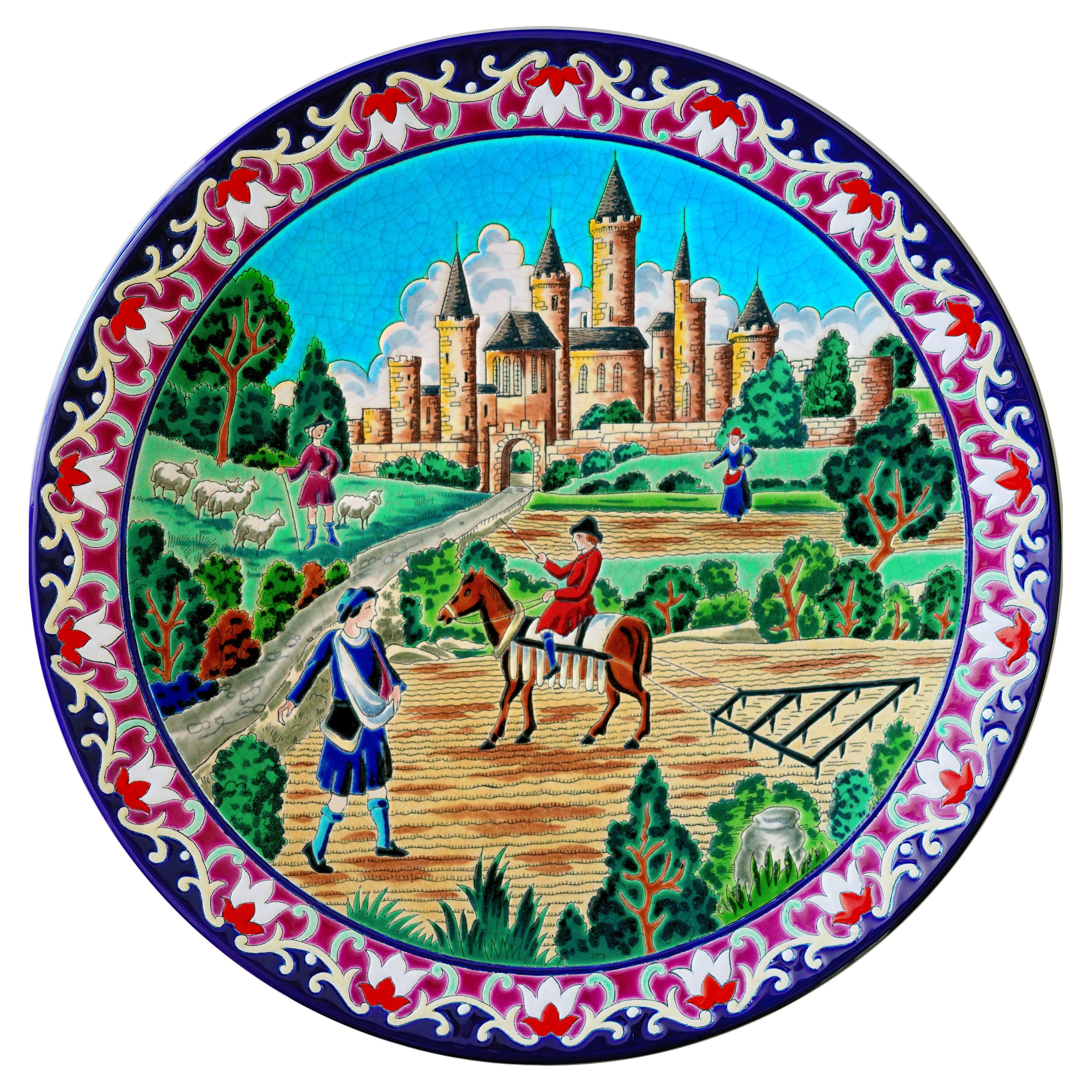 Longwy French Mid-Century Enameled Ceramic Wall Platter, Limited Edition, 1950s For Sale