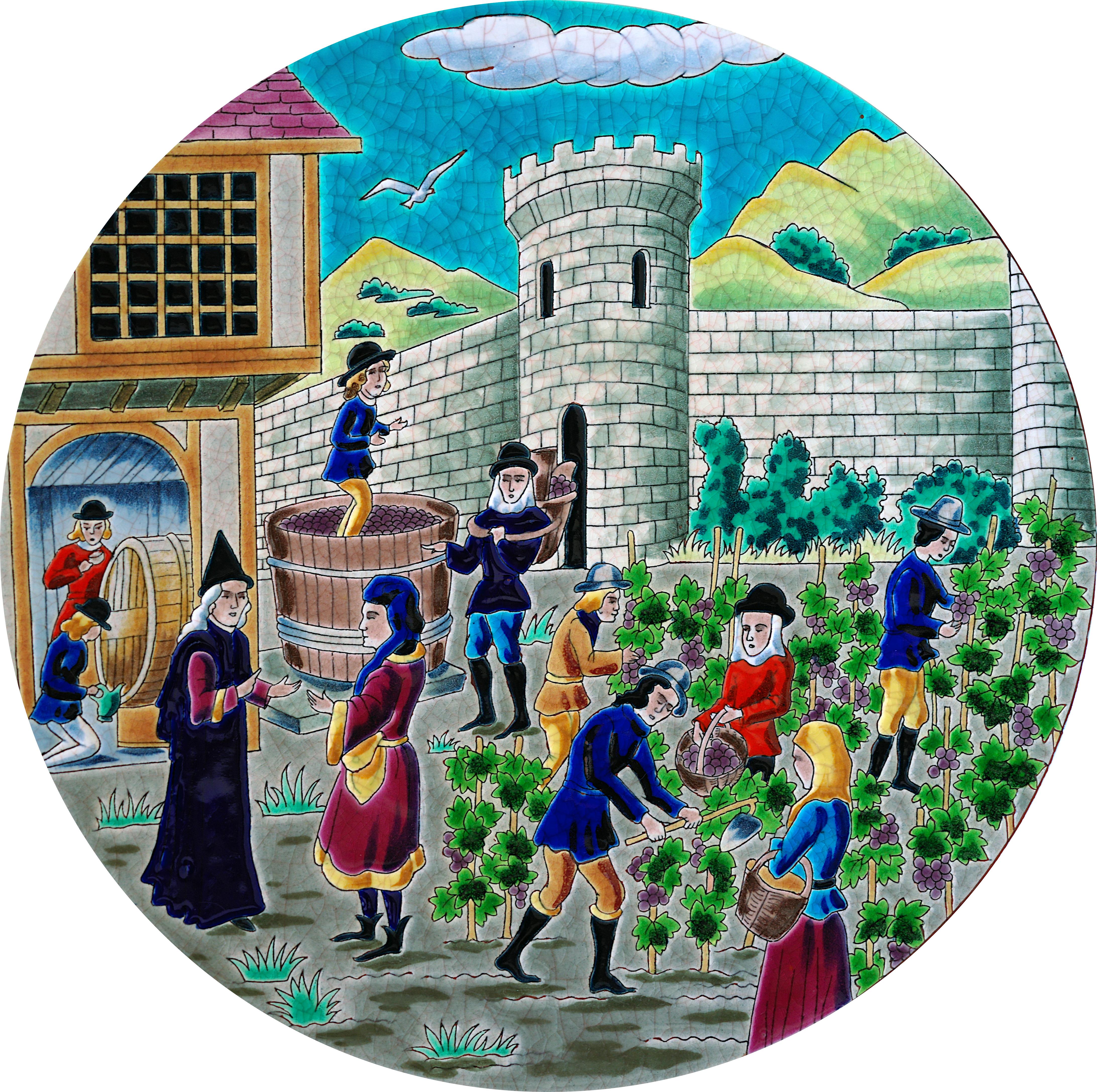 Rare plat mural en céramique émaillée du milieu du siècle par la Manufacture de Longwy, années 1950, décor 