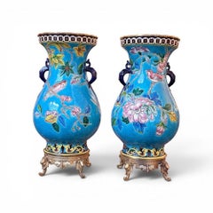 Longwy, paire de vases montés sur bronze « Oiseaux branchés »