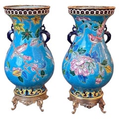Longwy, paire de vases montés sur bronze « Oiseaux branchés »