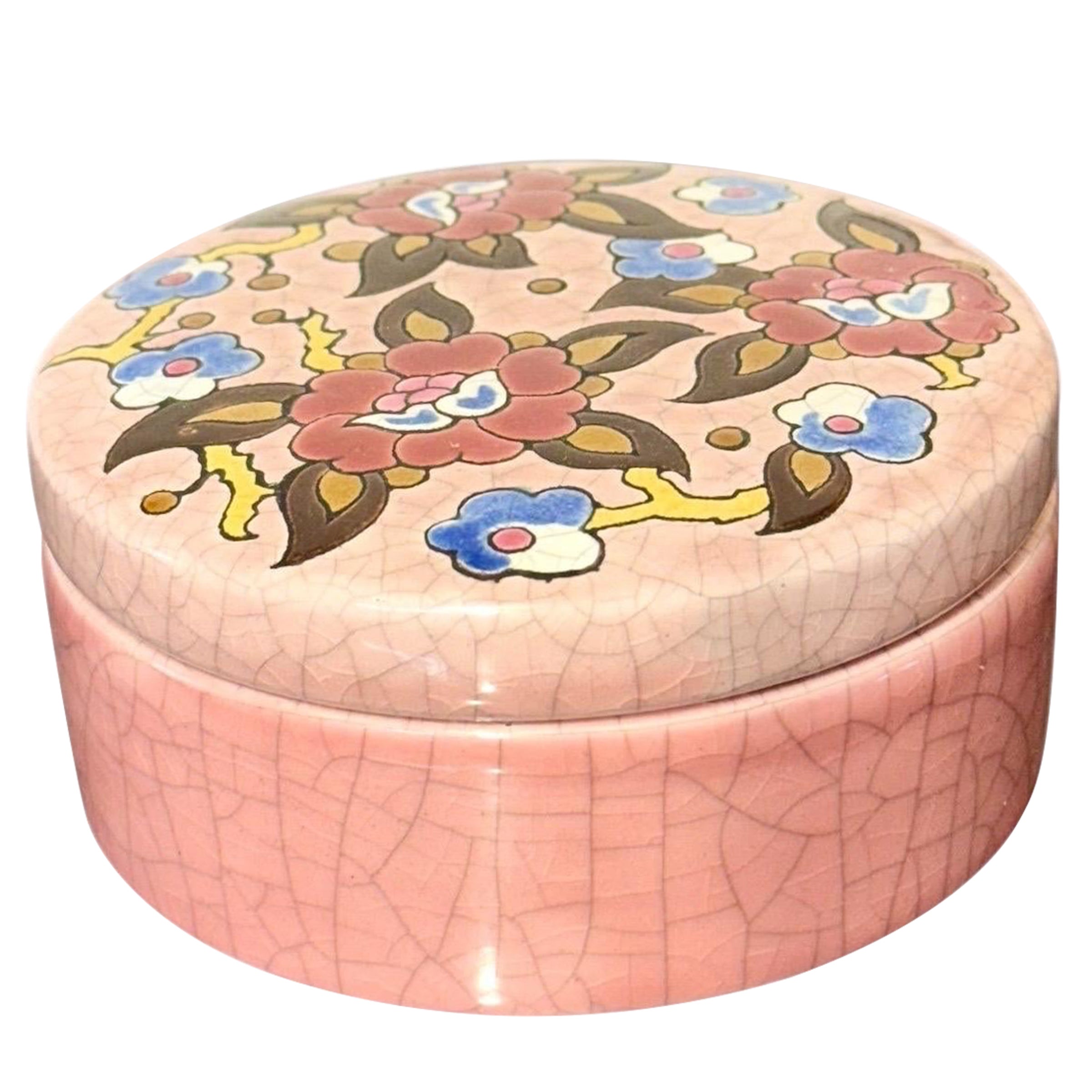 Scatola Longwy rosa smaltata con decori floreali, firmata M.P. Chevallier in vendita