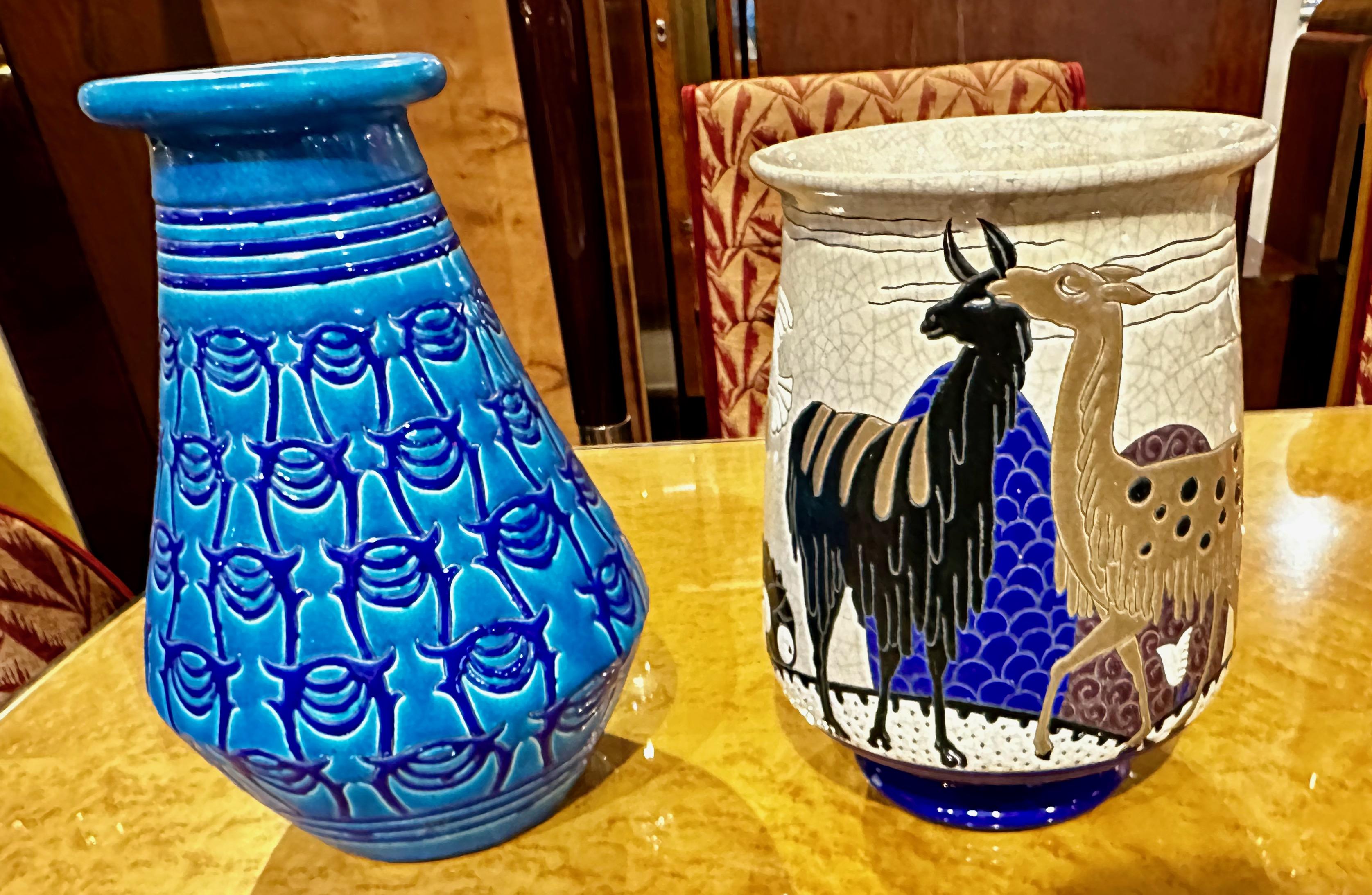Art déco Longwy Primavera Art Deco Vase cloisonné Alpaga et oiseau en vente