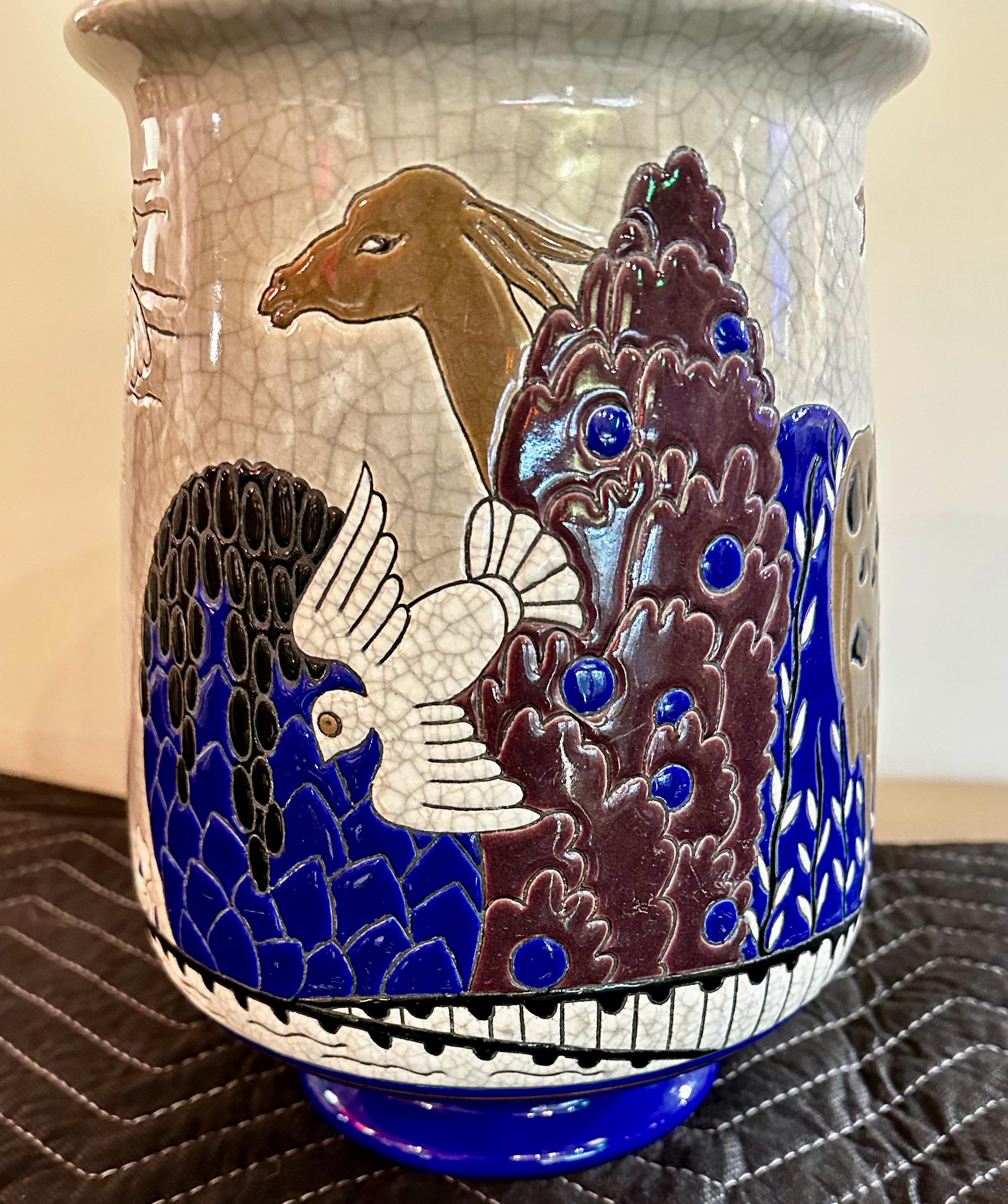 Français Longwy Primavera Art Deco Vase cloisonné Alpaga et oiseau en vente