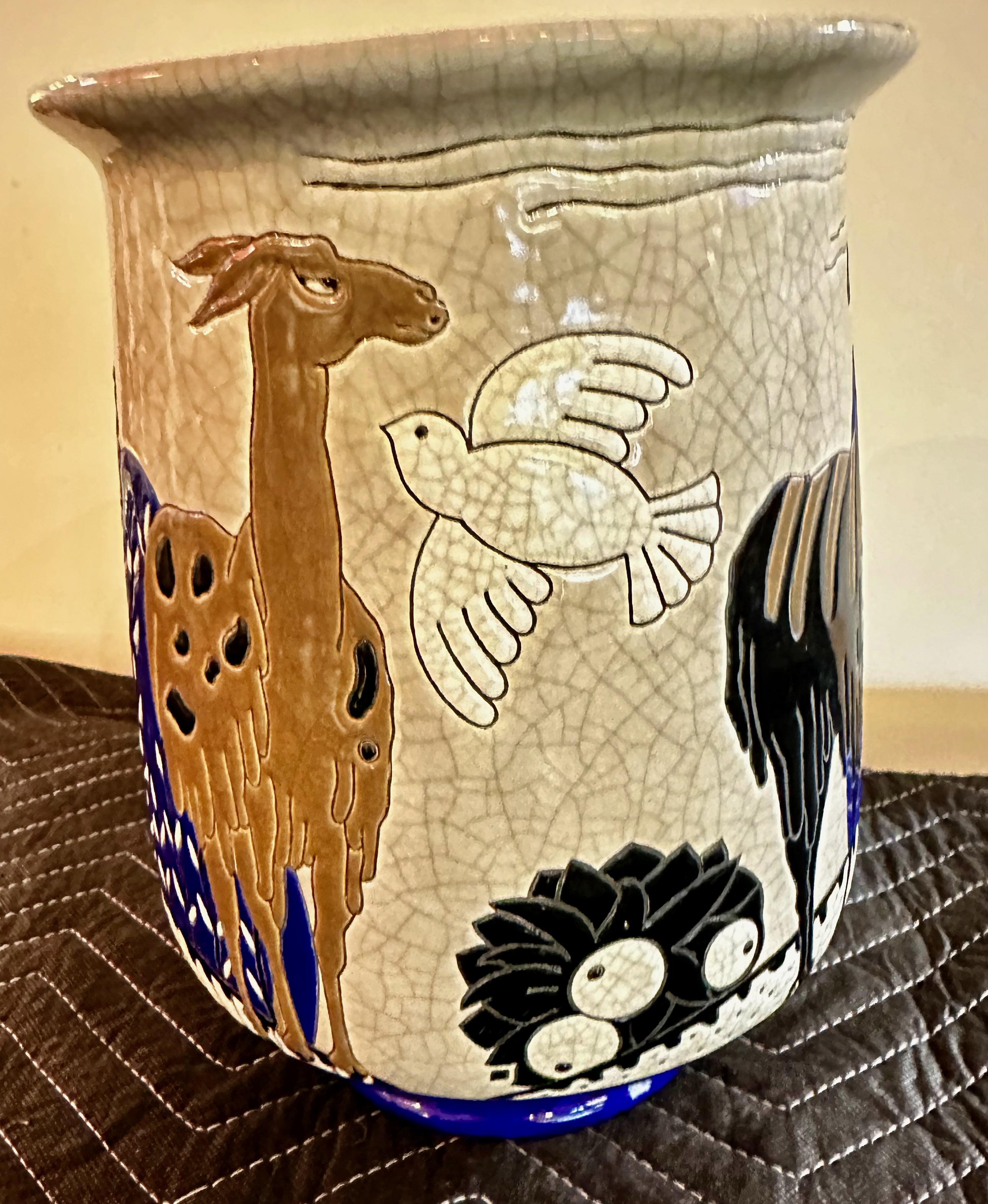 Longwy Primavera Art Deco Cloisonné Vase Alpaca and Bird In Good Condition For Sale In Oakland, CA