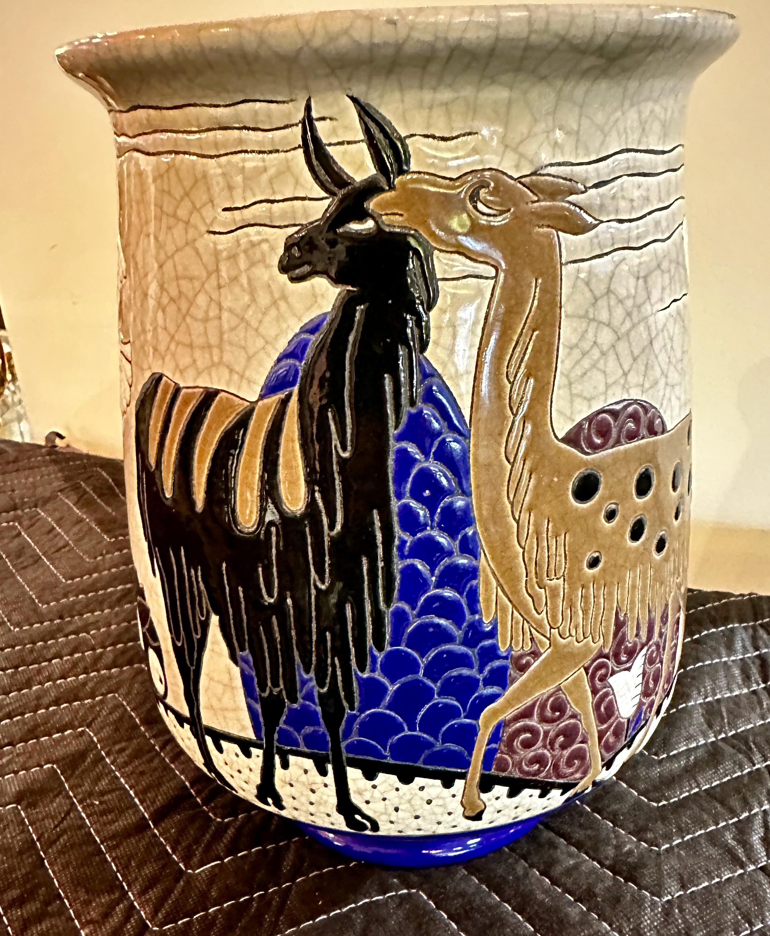 Longwy Primavera Art Deco Vase cloisonné Alpaga et oiseau Bon état - En vente à Oakland, CA