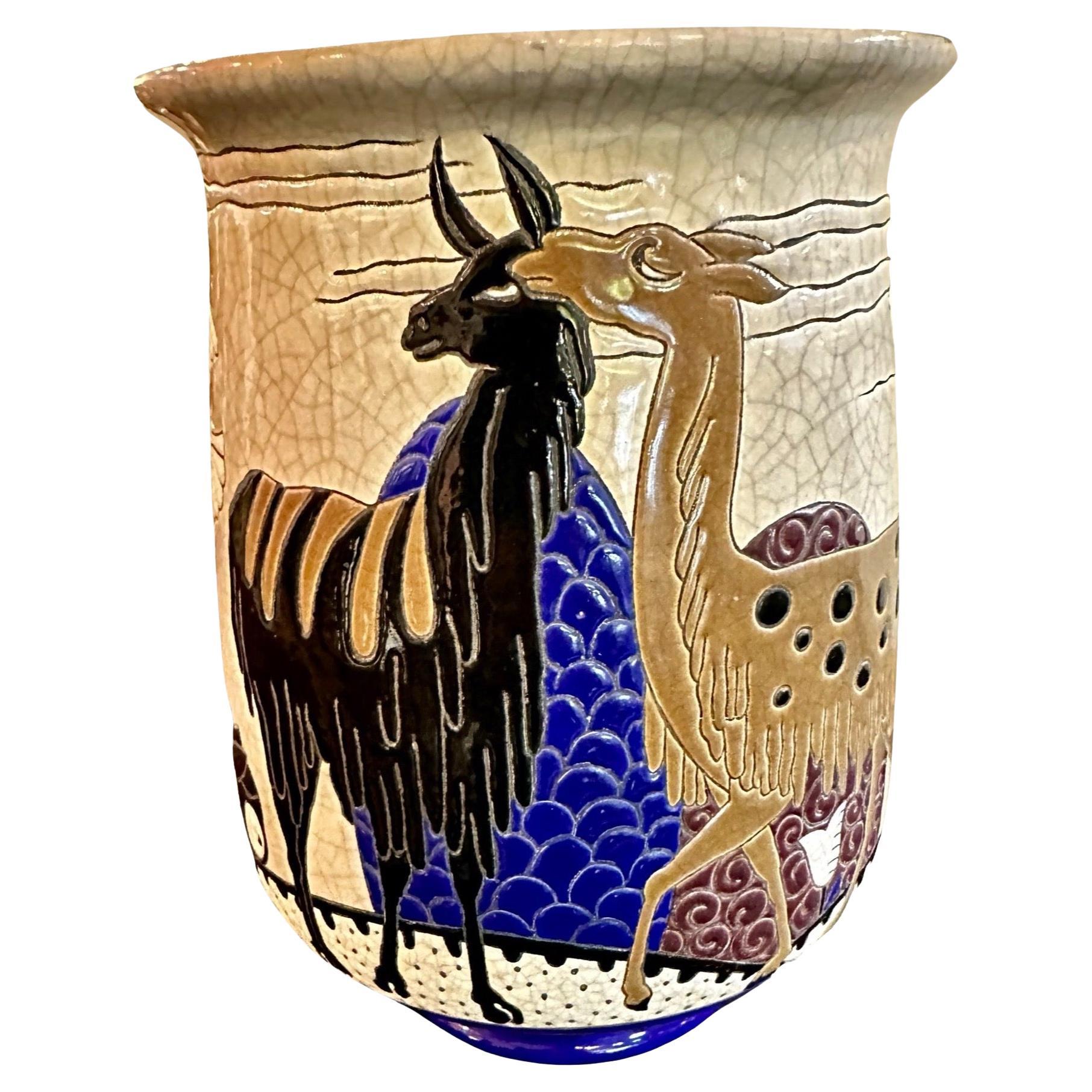 Longwy Primavera Art Deco Cloisonné Vase Alpaca and Bird