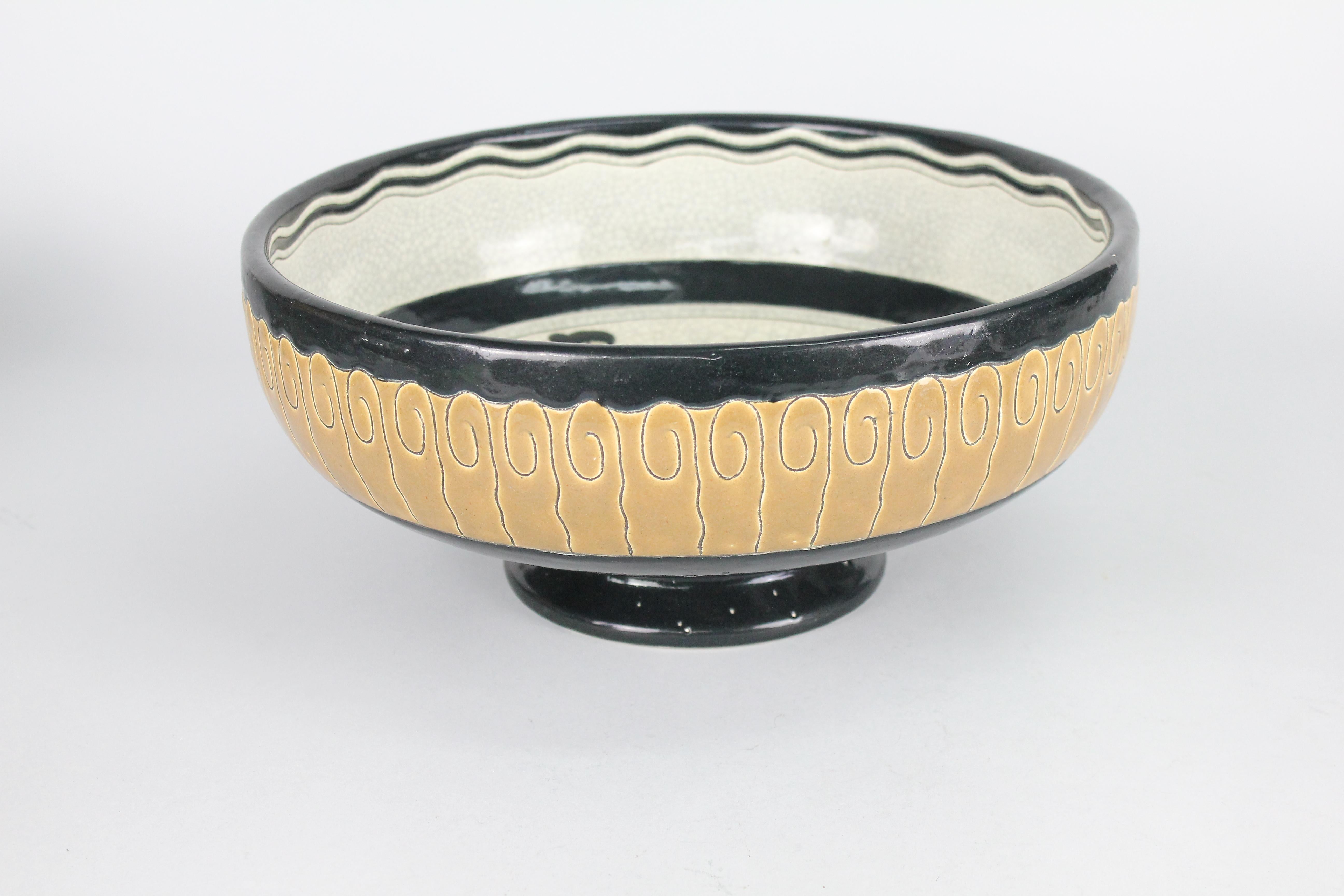 French Art Deco enamel-glazed ceramic footed bowl by Longwy (France) from the Primavera period while the factory was under the direction of Rene Buthaud. This lovely bowl is beautifully decorated. This is as much Art Deco as it gets. 

À partir de