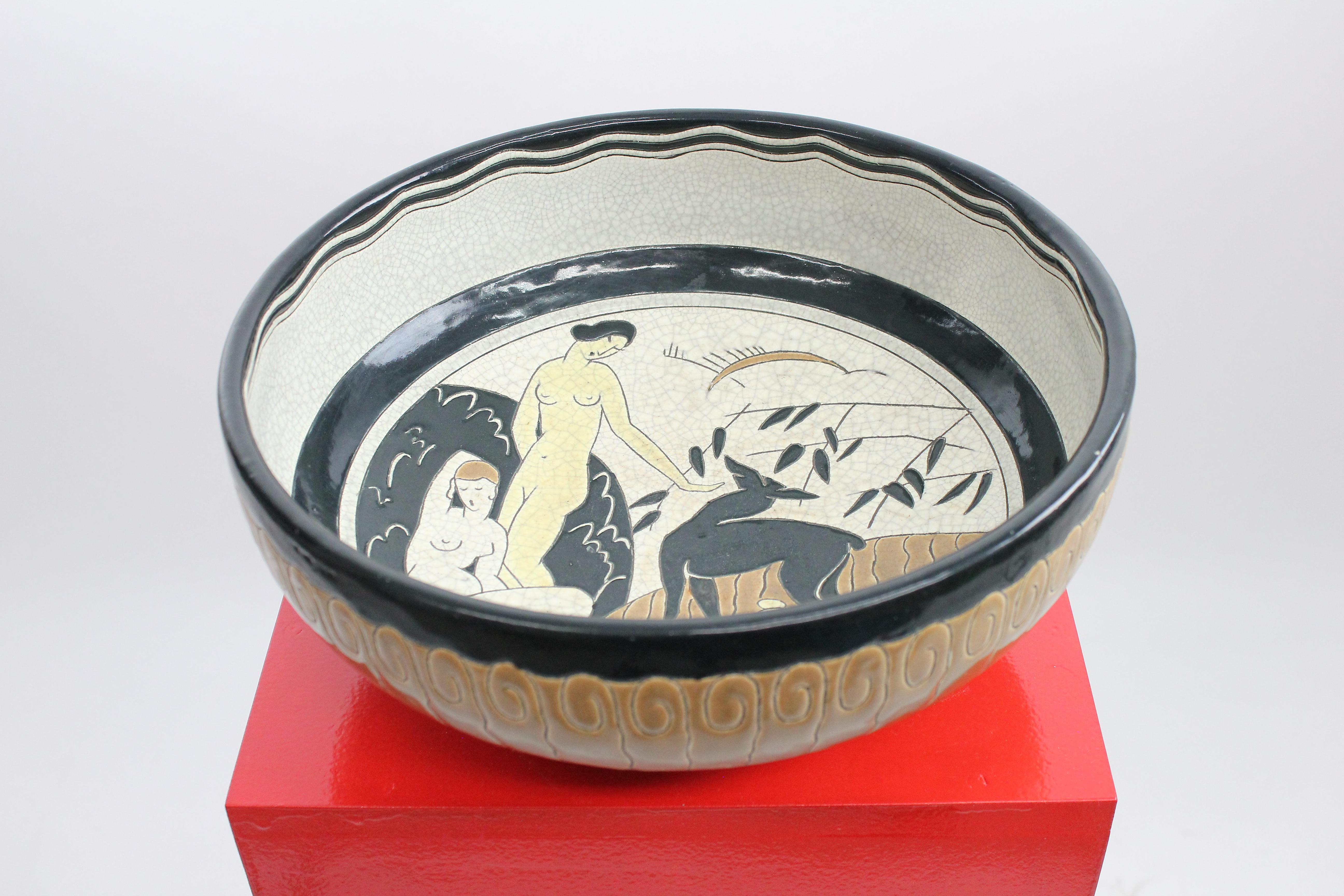 Longwy Primavera French Art Deco Footed Bowl, 1920s In Good Condition For Sale In Skanninge, SE