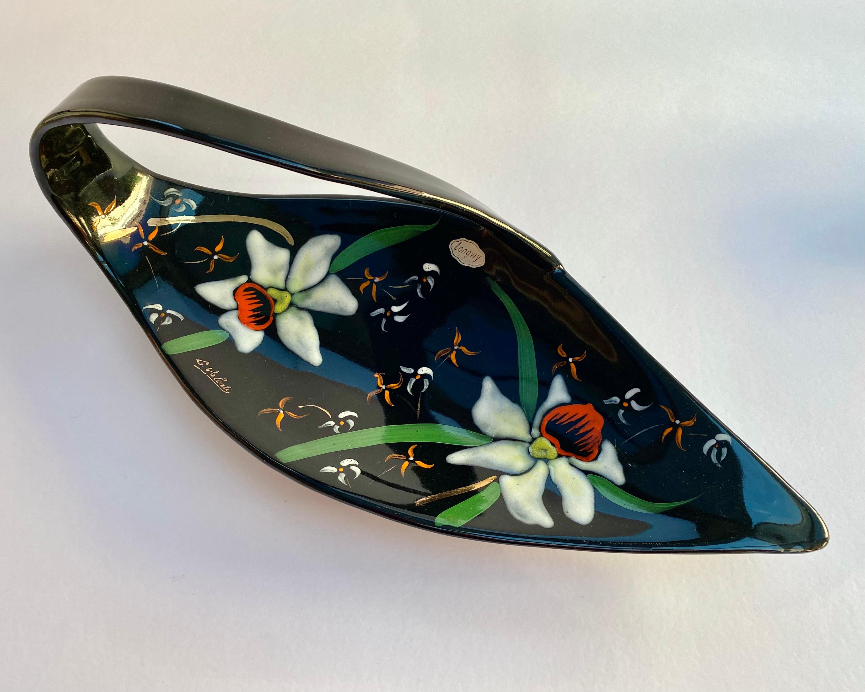 20th Century Longwy Serving Fruit Bowl Hand Painted Floral Dish Glazed Ceramic France For Sale