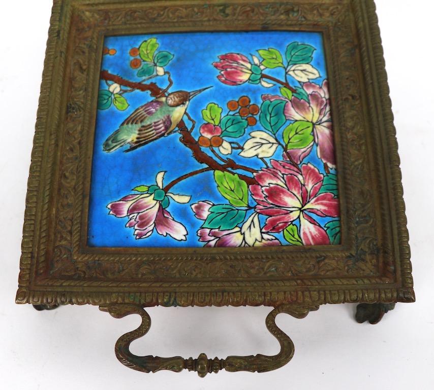 20th Century Longwy Tile in Cast Bronze Frame For Sale