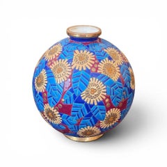 Longwy Vase Boule Art Deco "Fleurs Stylisés"