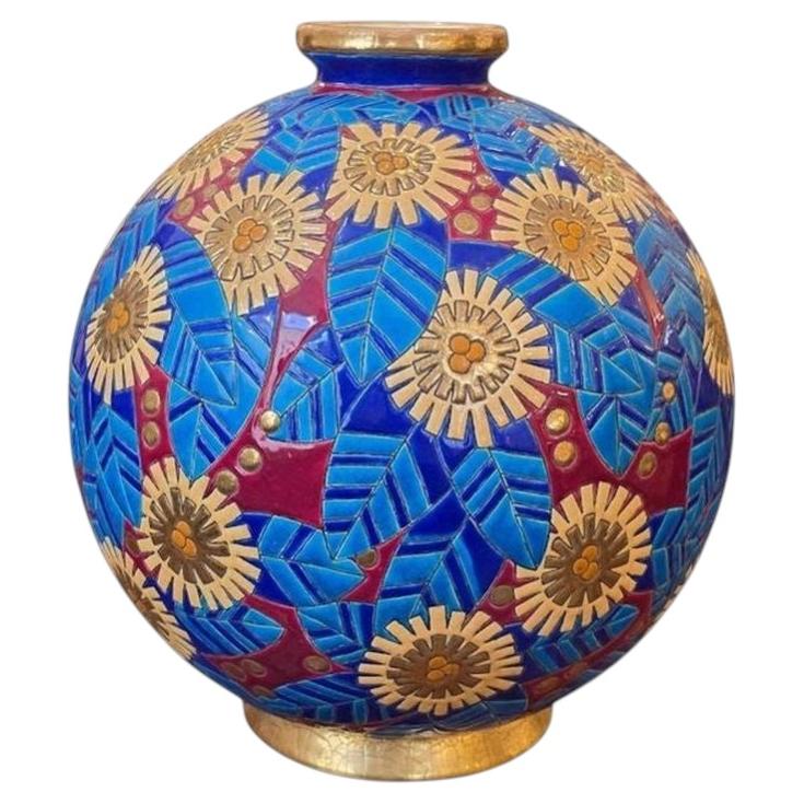 Longwy Vase Boule Art Deco "Fleurs Stylisés"