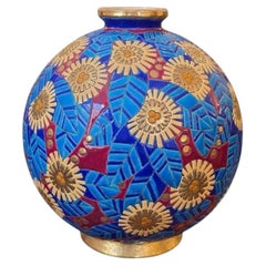 Longwy Vase Boule Art Deco "Fleurs Stylisés"