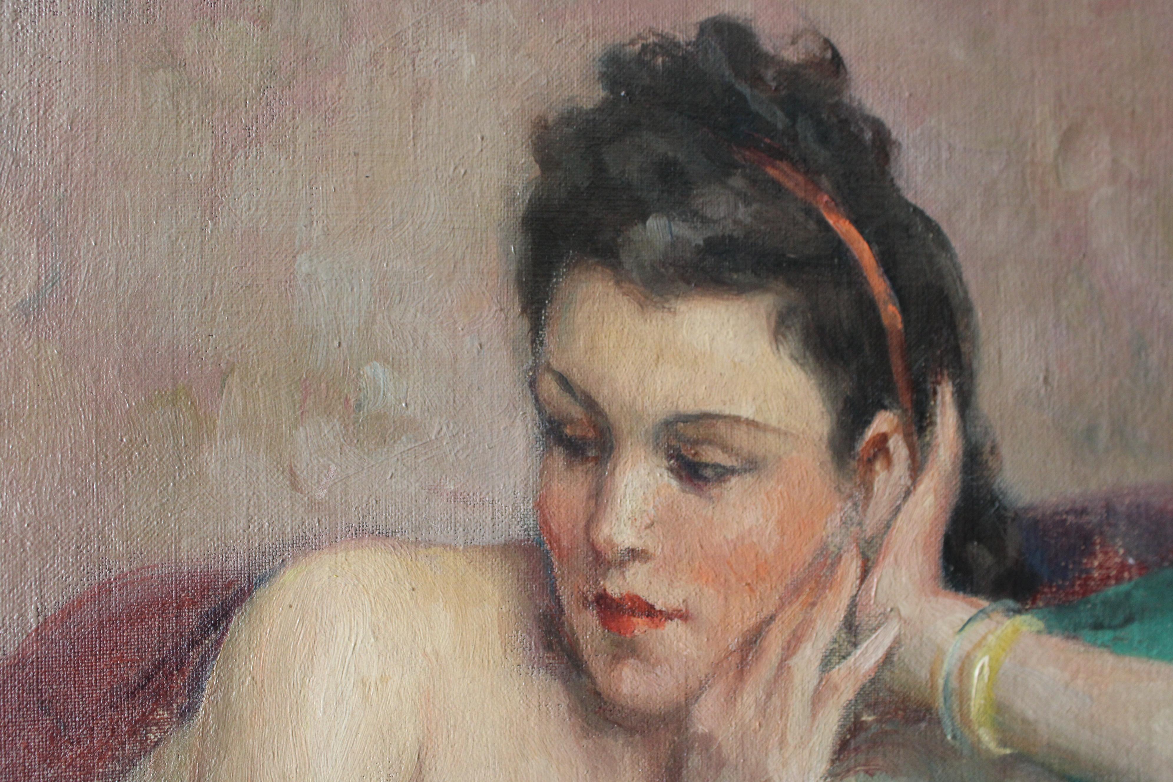 Ancienne peinture à l'huile française représentant une femme nue allongée - Painting de Léonie Humbert-Vignot