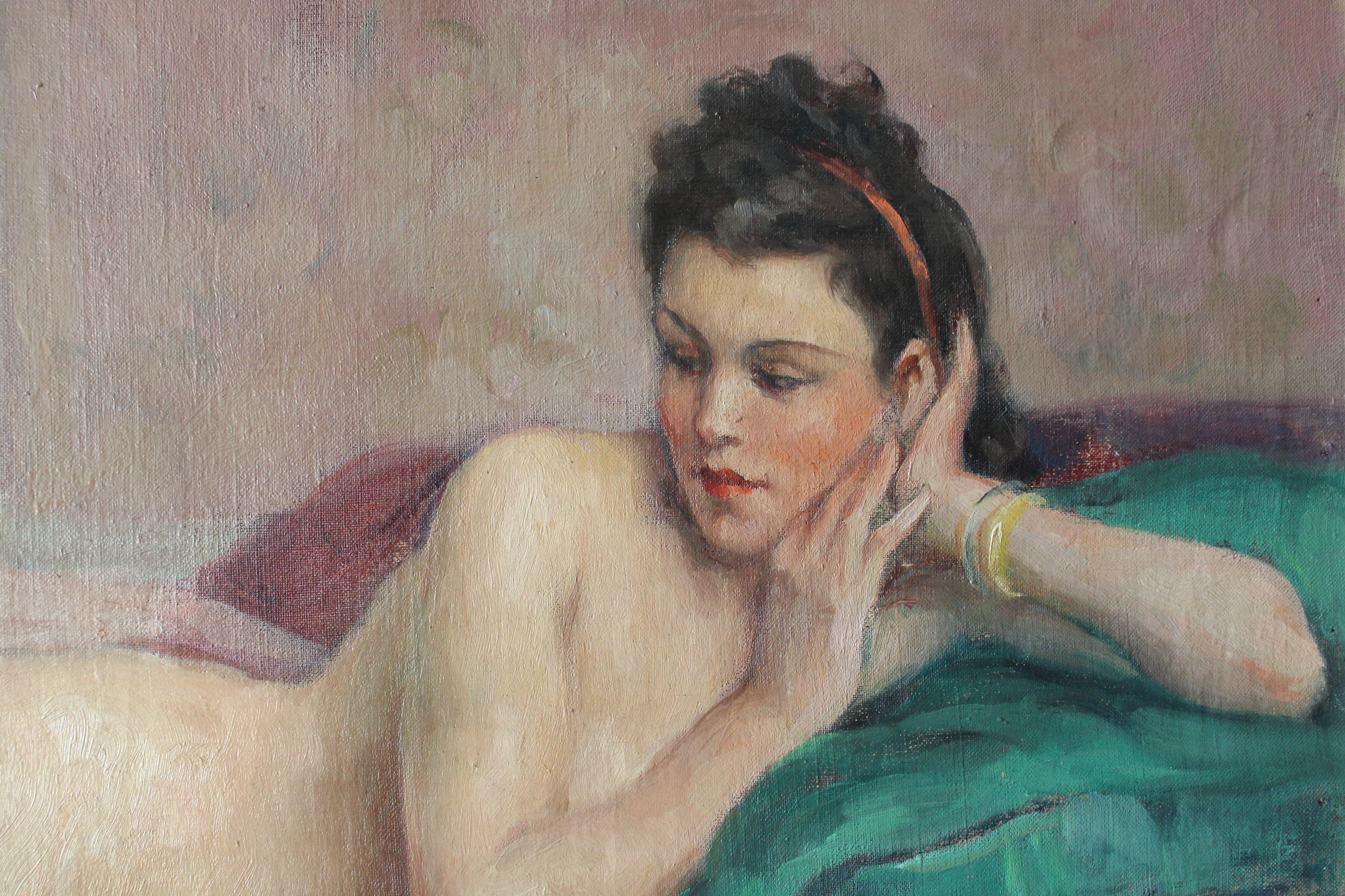 Ancienne peinture à l'huile française représentant une femme nue allongée - Gris Portrait Painting par Léonie Humbert-Vignot