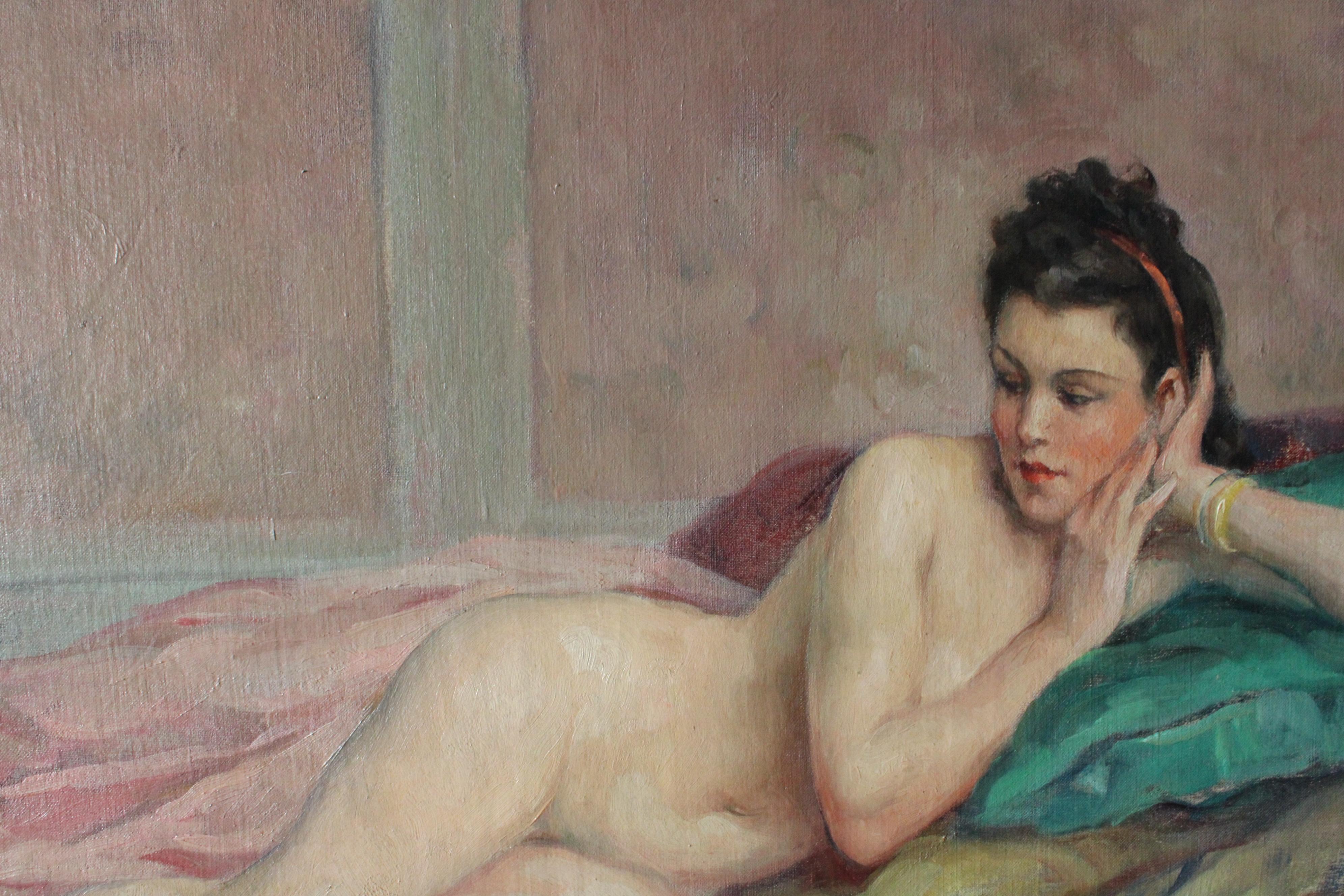 Ancienne peinture à l'huile française représentant une femme nue allongée en vente 1