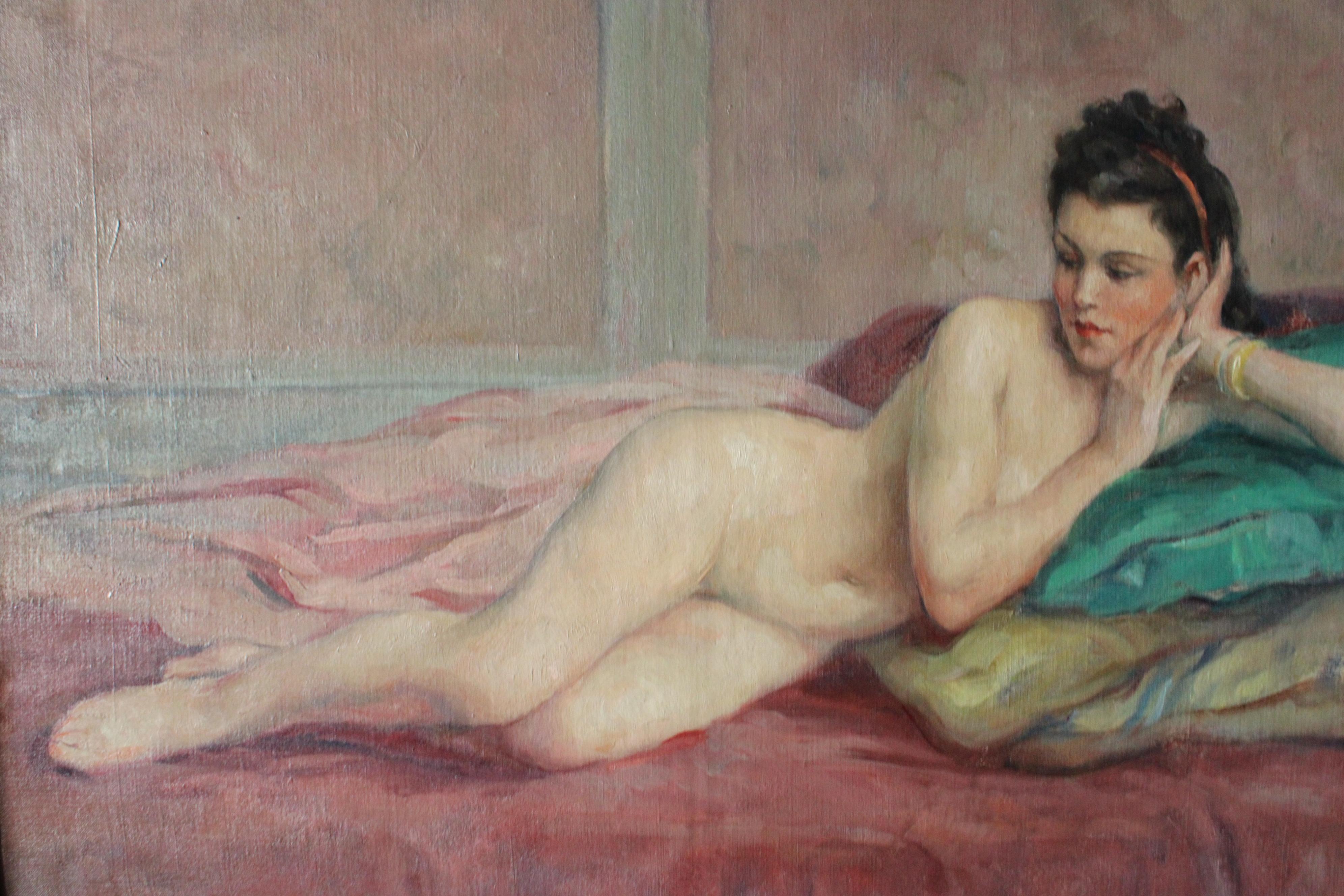 Ancienne peinture à l'huile française représentant une femme nue allongée en vente 3
