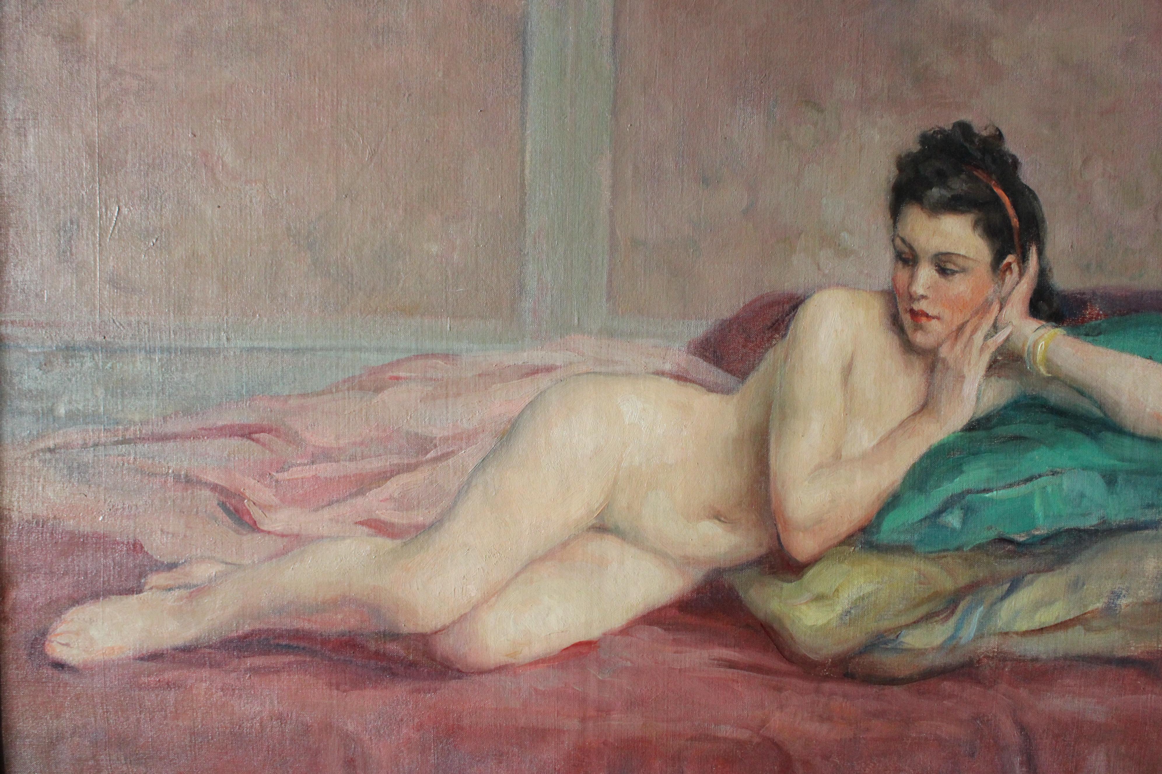 Ancienne peinture à l'huile française représentant une femme nue allongée en vente 4
