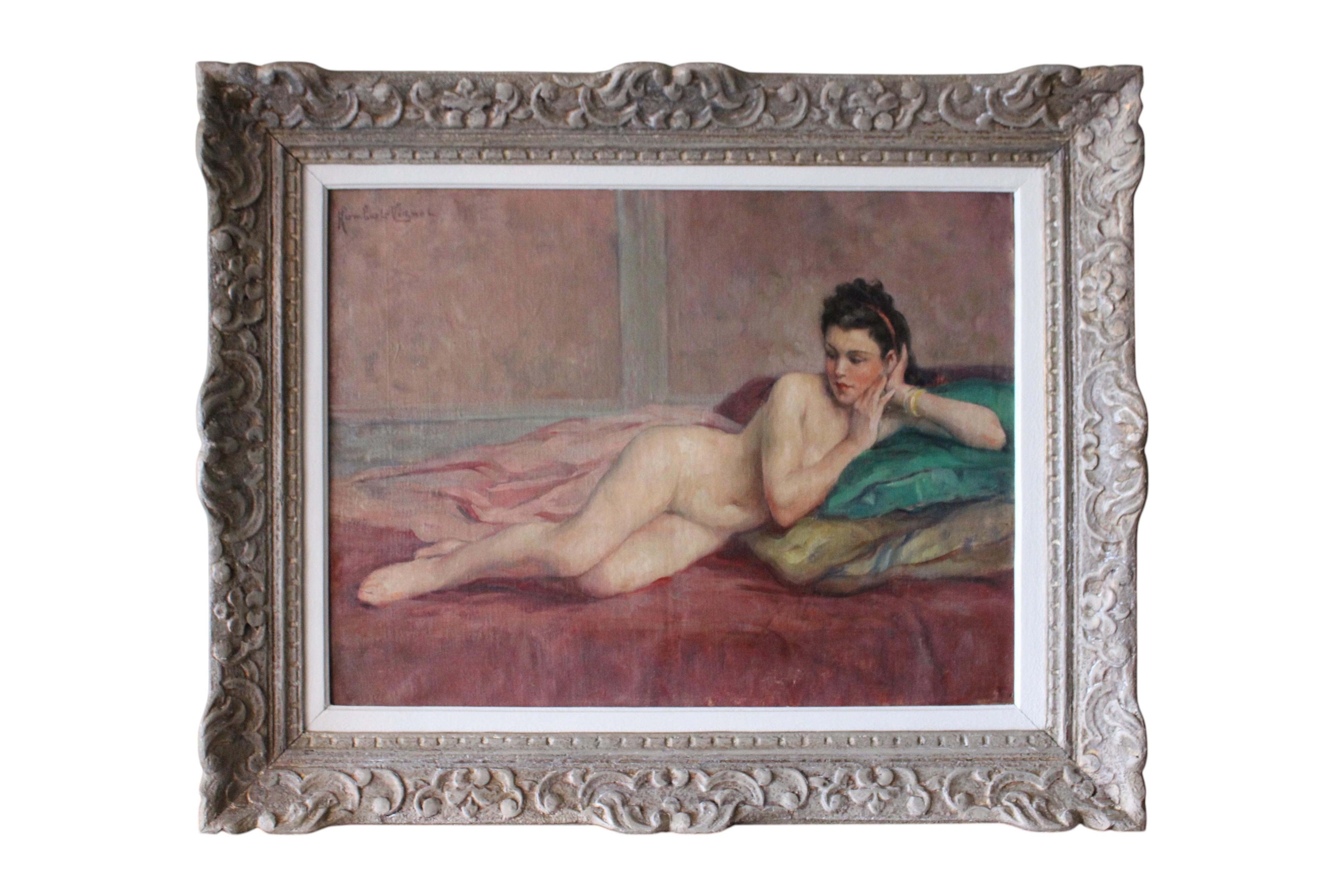 Ancienne peinture à l'huile française représentant une femme nue allongée