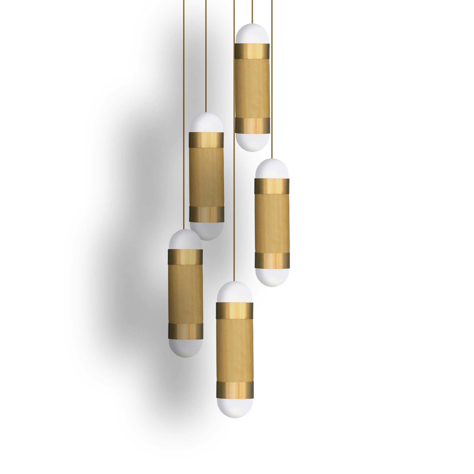 British LOOM Brushed Brass 5 Cascade Pendant Light with Borosilicate Glass Globes For Sale