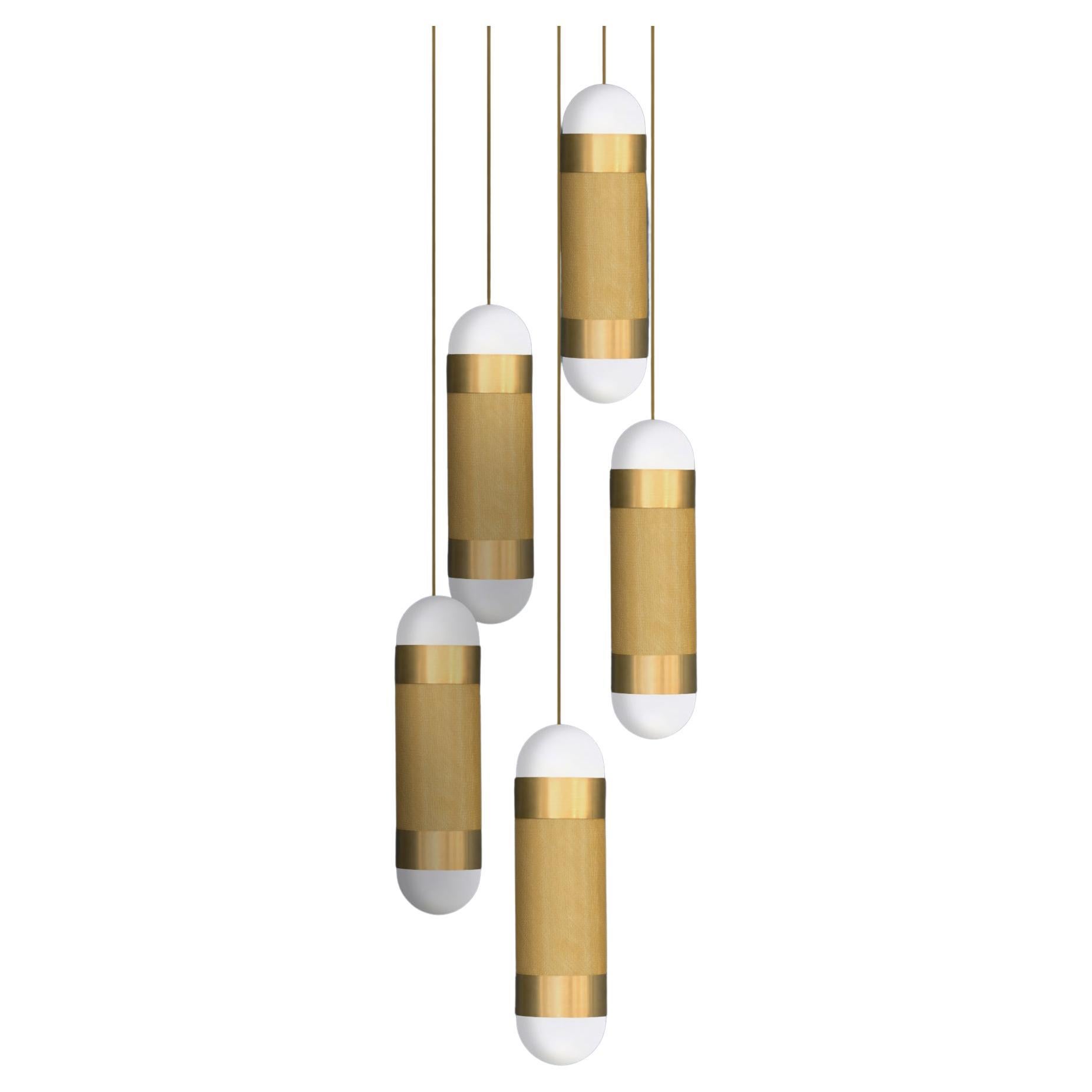 LOOM Moderne Pendelleuchte aus gebürstetem Messing mit 7 Kaskaden und Borosilikatglas