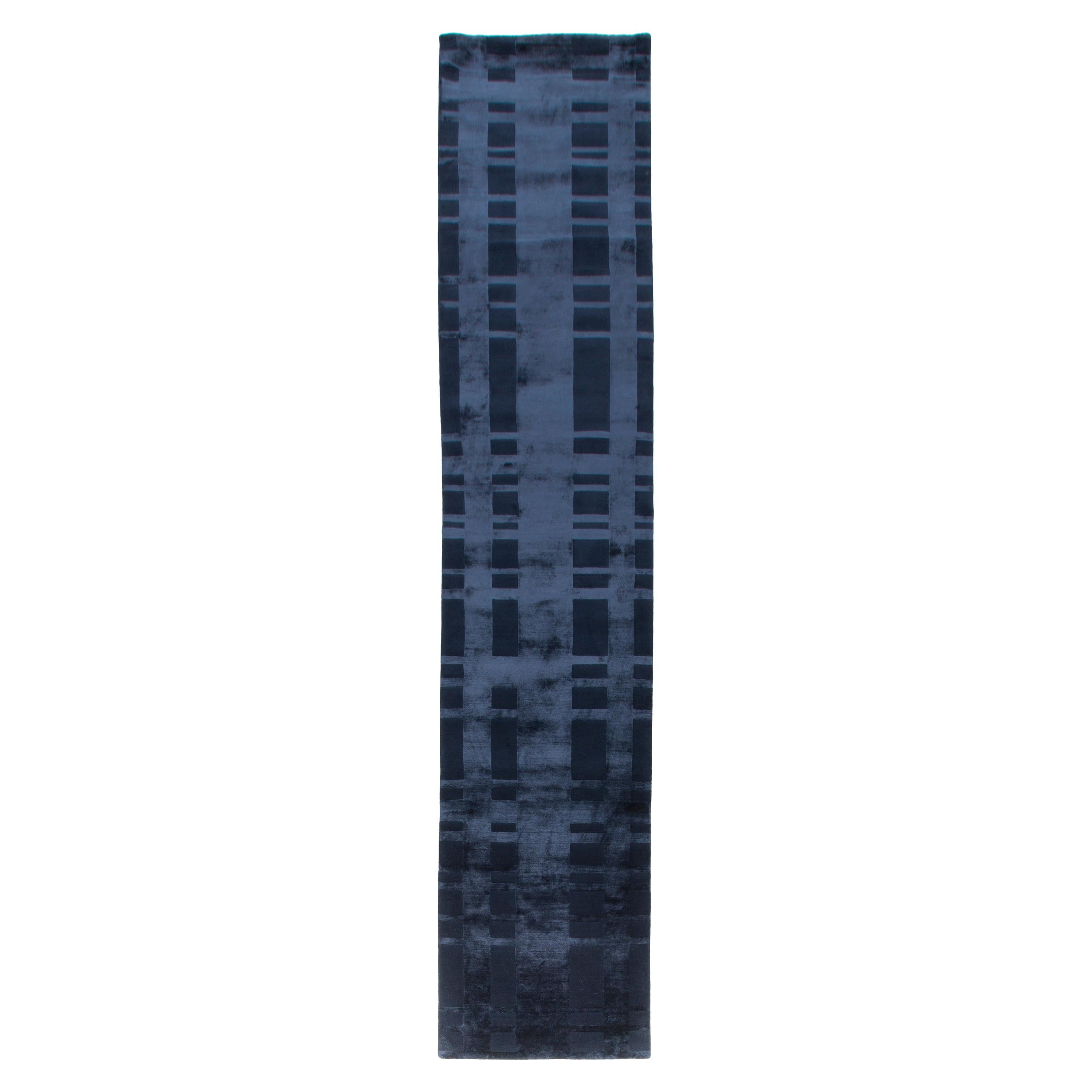 Hand-Knotted Deep Blue Runner in Loom Design (4m in length) For Sale