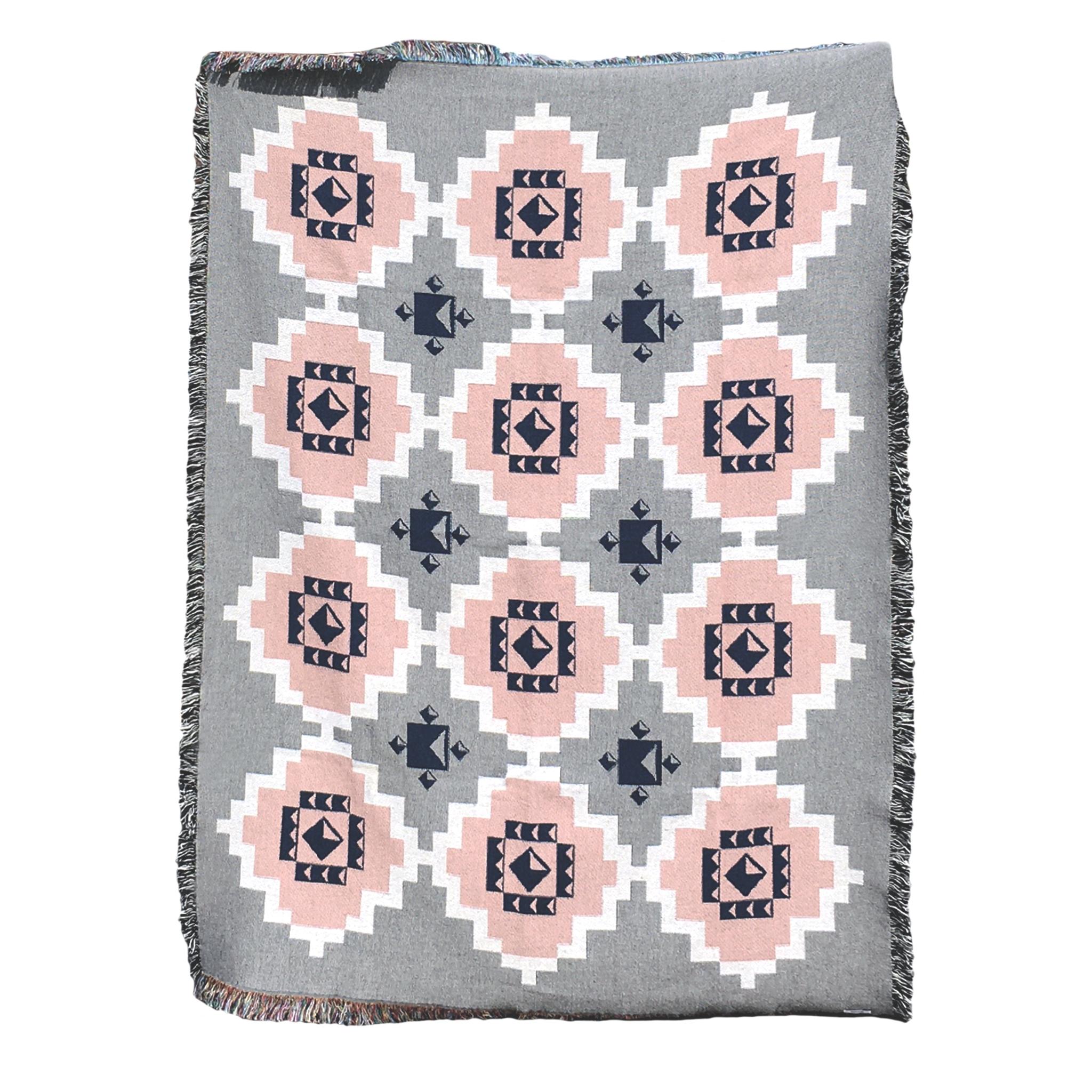American Loom Woven Cotton Throw Blanket, Gray and Pink Coverlet Geo, 54 x 72 For Sale