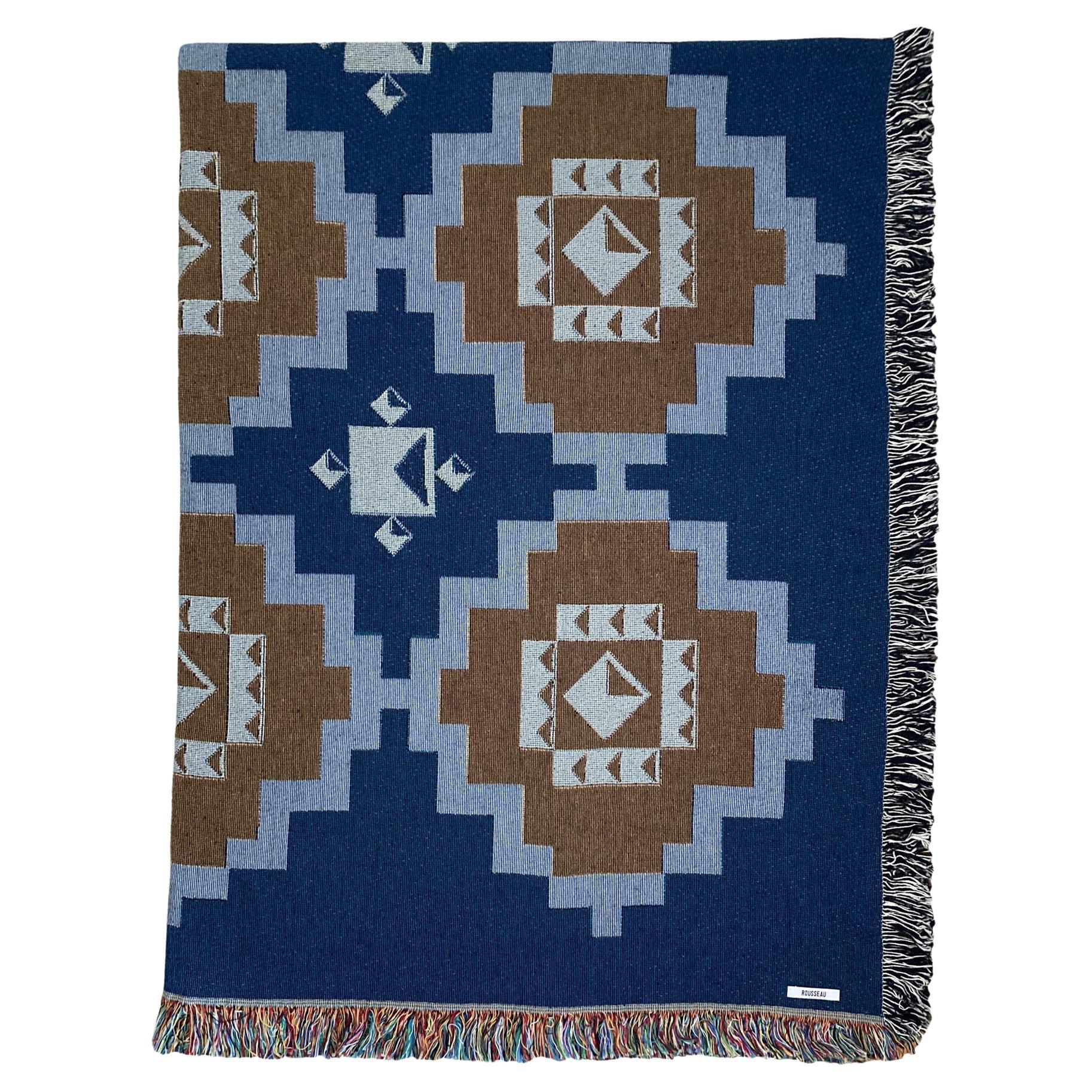 Fringed Cotton Throw Blanket, Navy & Mustard Coverlet Geometric Pattern, 54 x 72