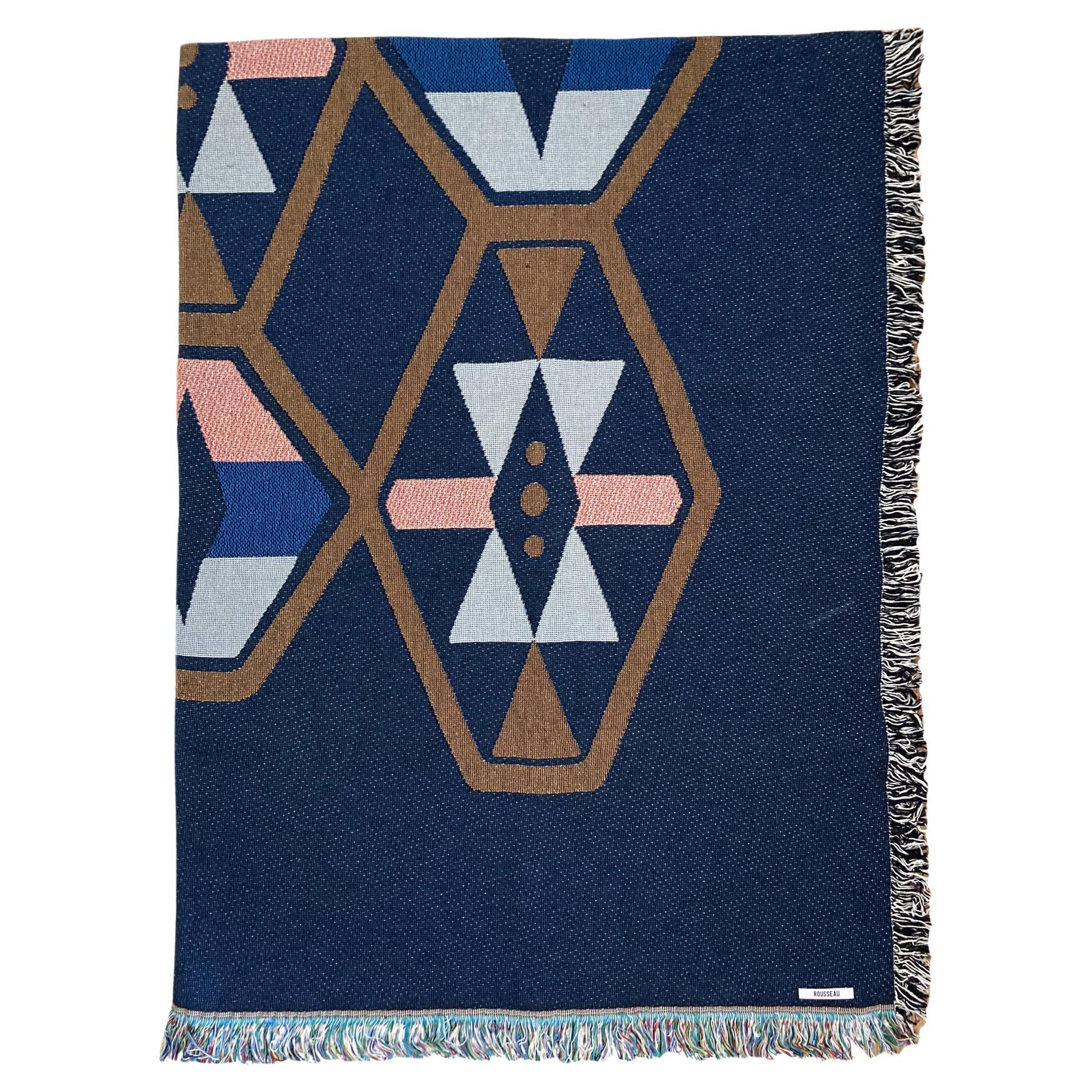 Loom Woven Cotton Throw Blanket, Navy Blue Twilight Geo, 54 x 72 For Sale
