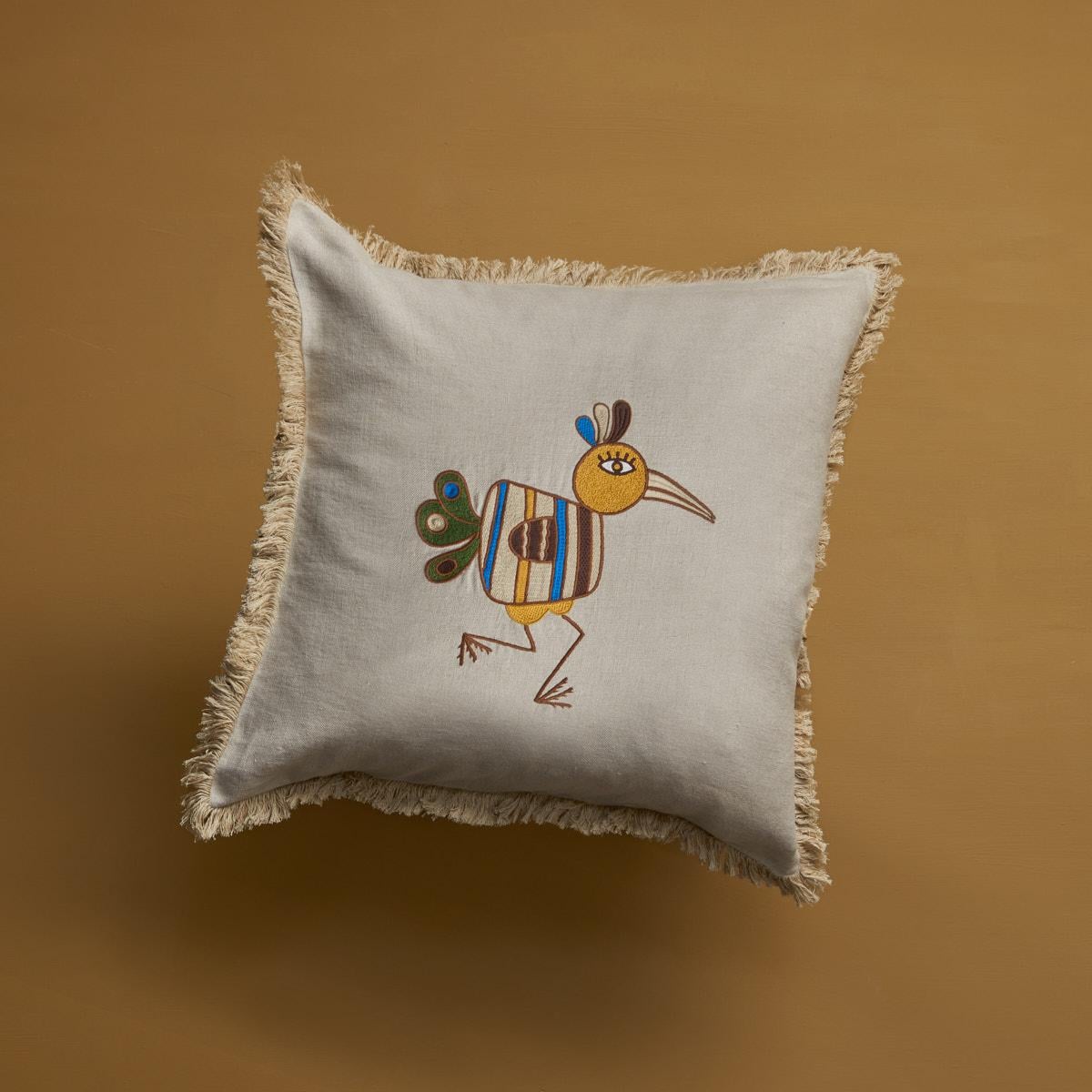 A charming hand embroidered cushion with a bird character, made of high quality natural linen. An absolute eye catcher and a wonderful gift. 
Comes without filler, duck feather fillers can be ordered seperately.
100% linen
Size 50 x 50 cm.