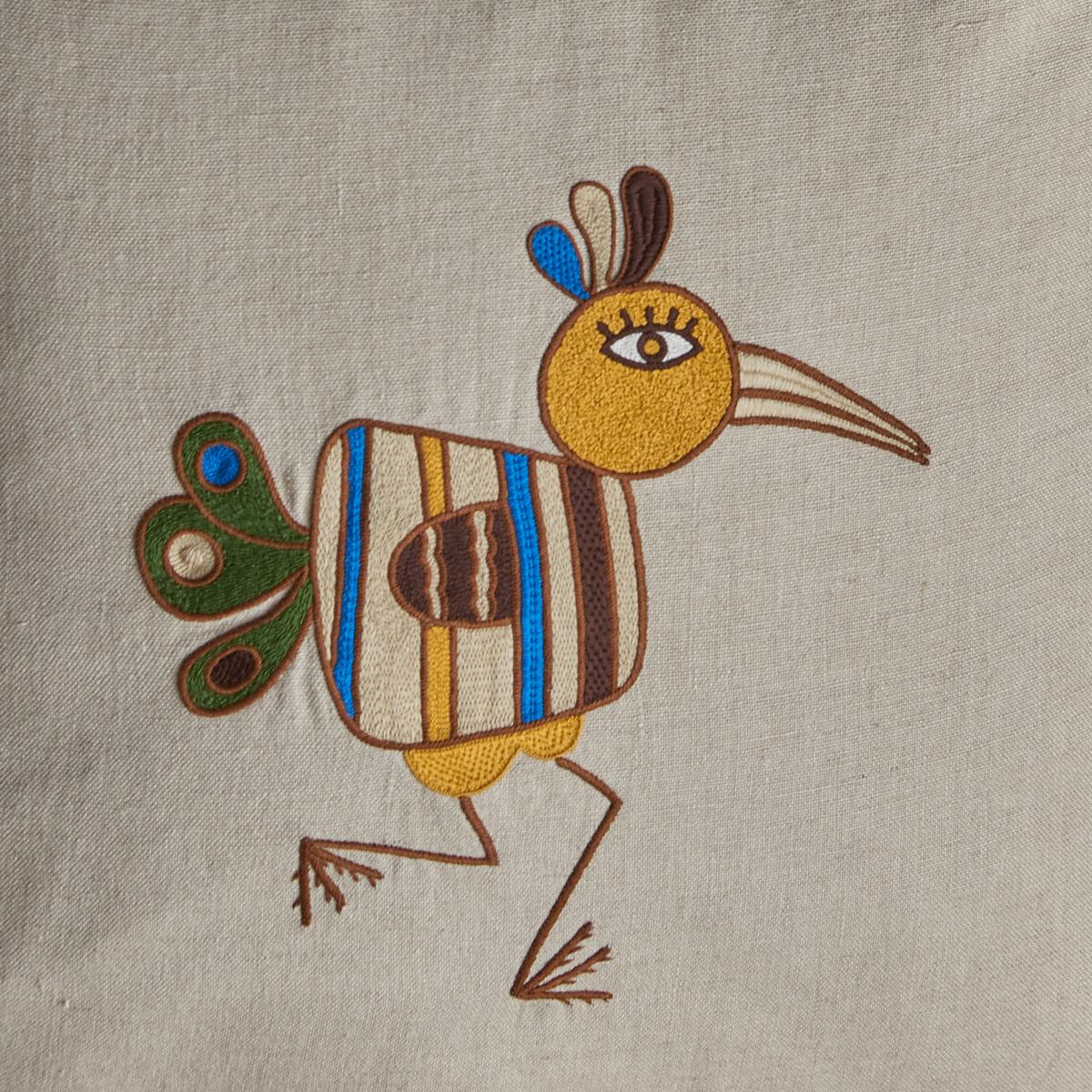 Indien Couvercle de coussin en lin beige Loon avec oiseau brodé à la main en vente