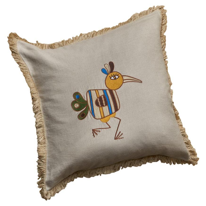 Loon, Beige Linen Cushion Cover with a Hand Embroidered Bird For Sale