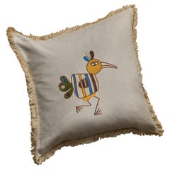 Loon, Beige Linen Cushion Cover with a Hand Embroidered Bird