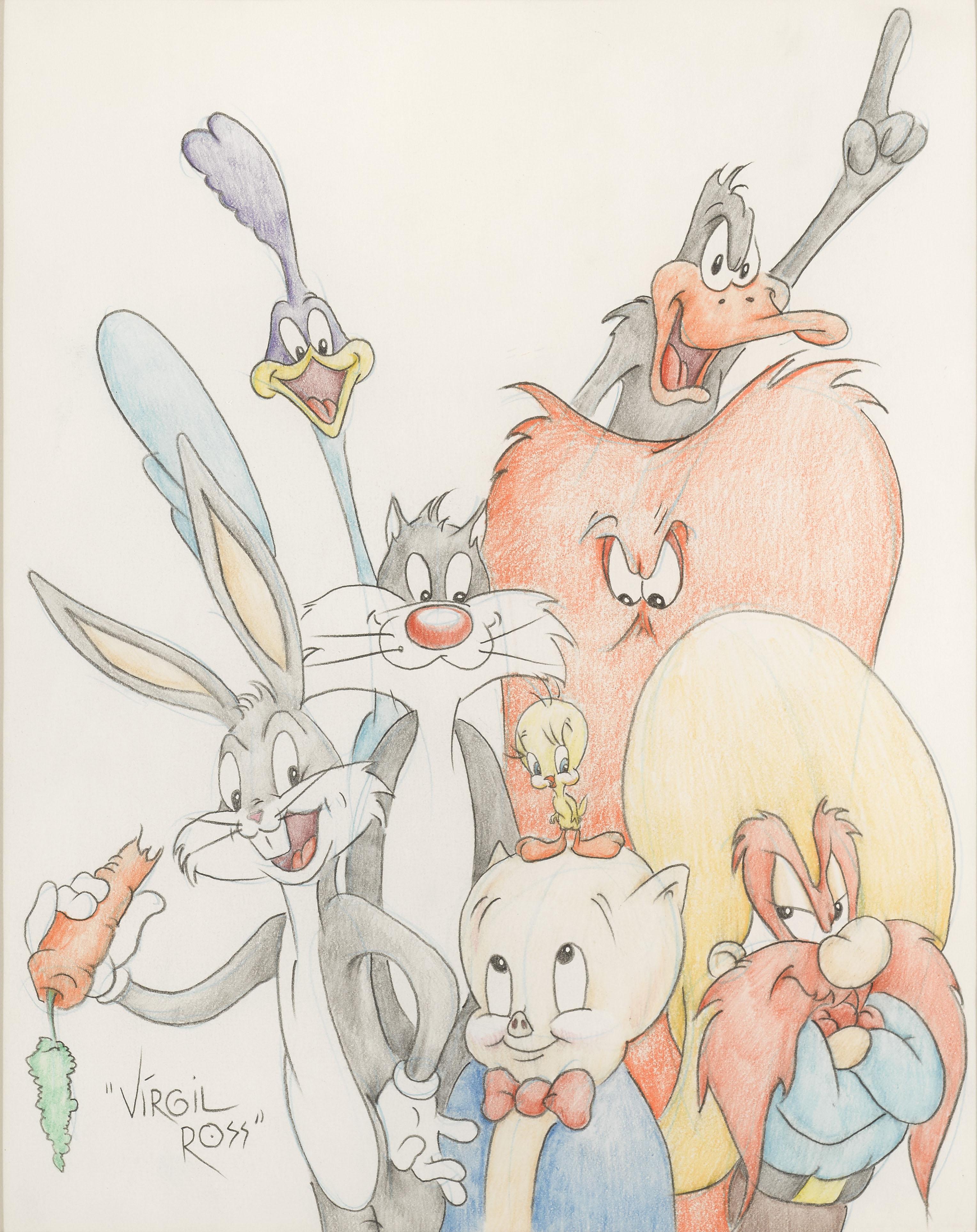 Original drawing Pencil on paper for Looney Tunes All-Stars C1990.
This drawing was done by the American artist, cartoonist, and animator Virgil Walter Ross who was best known for his work with Warner Bros.
This piece is conservation framed with