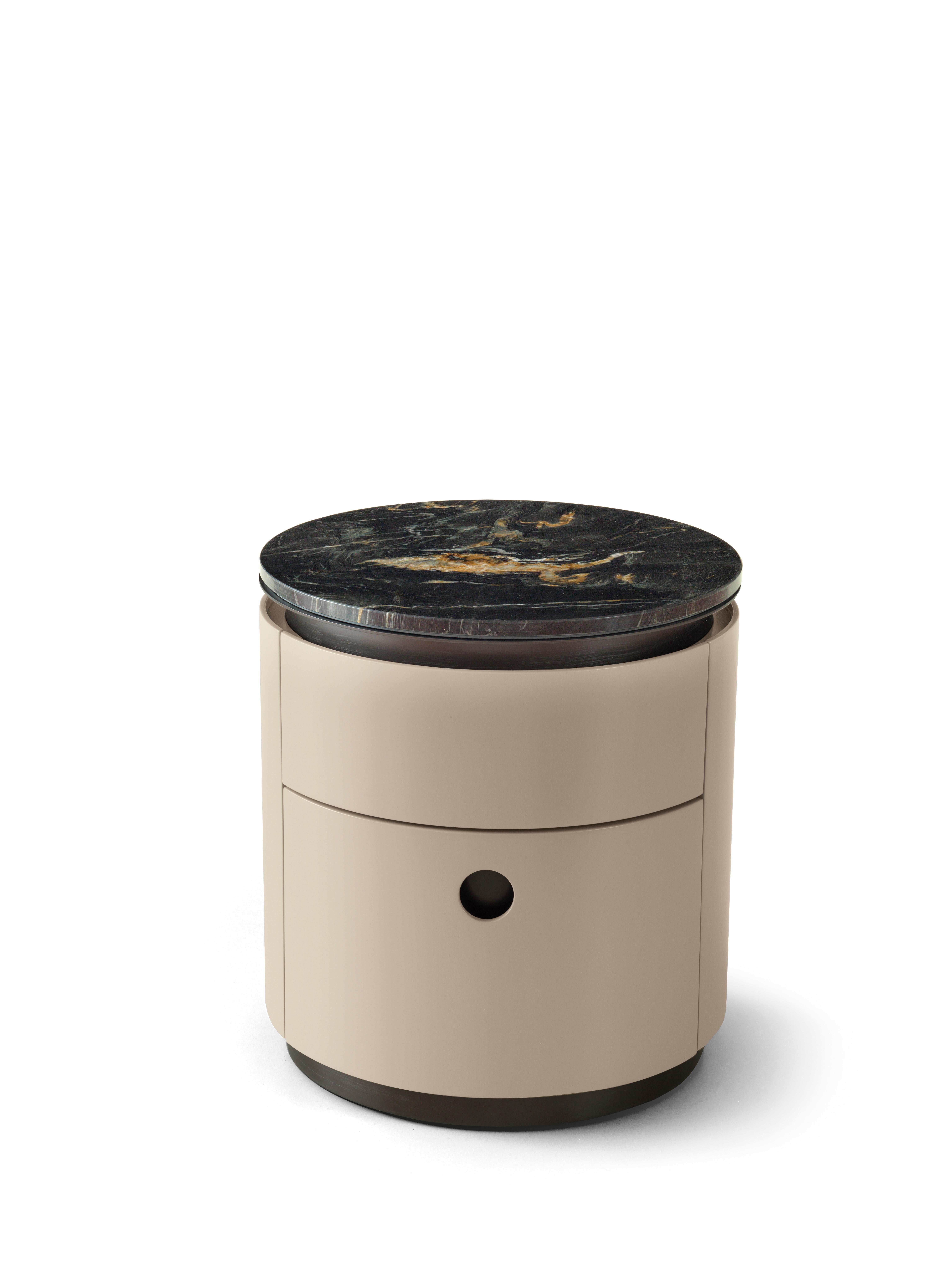 Loop Night Table by Redeco
Dimensions: W 46 x D 46 x H 50 cm
Materials: Warm grey N.56 lacquered matt finishing, top in Belvedere marble, Biotite satin metal. 

ReDéco is a truly solid company, capable of building and creating furnishings, but also