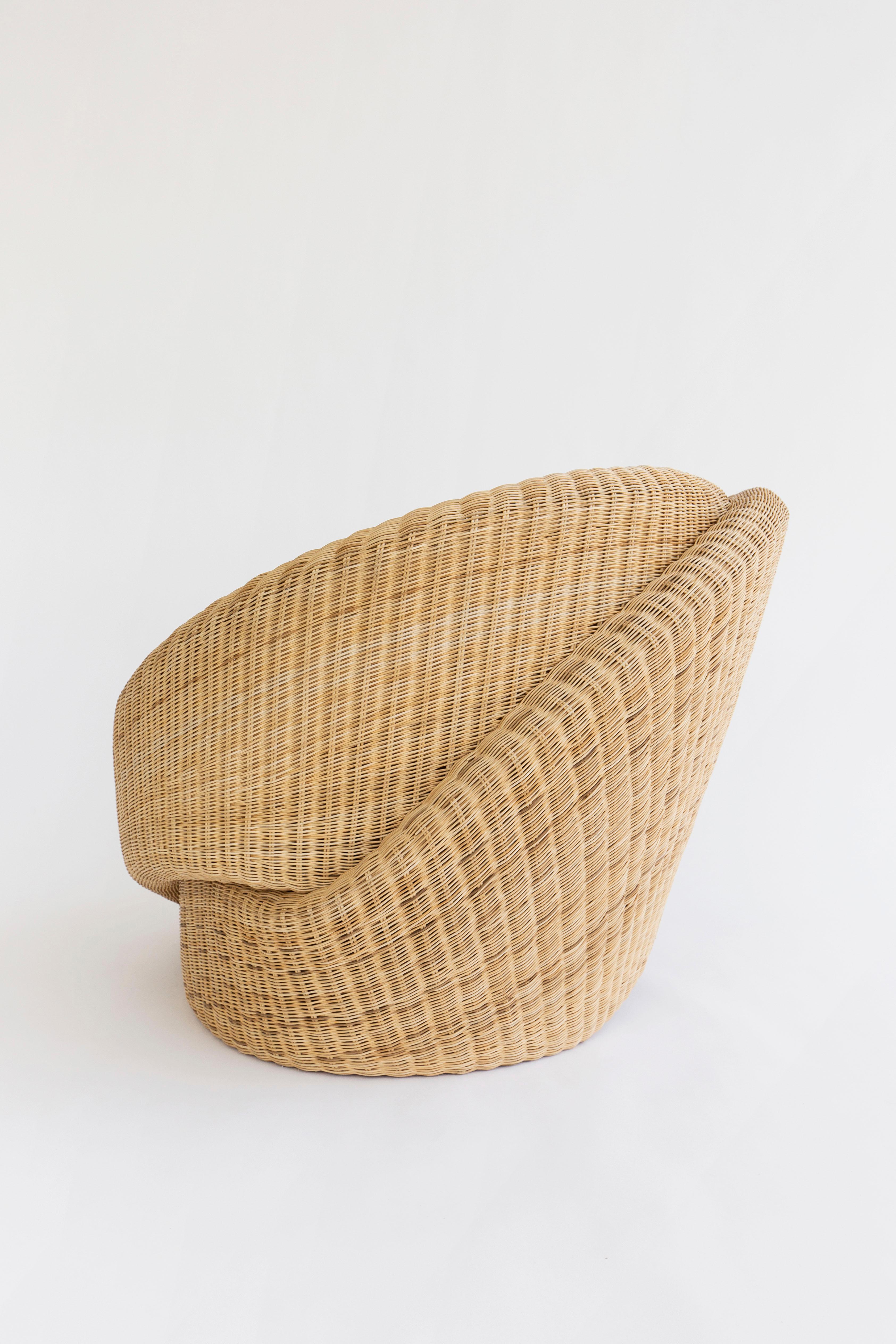 Minimalist Looped Contemporary Rattan Indoor-Outdoor Armchair, Cushions in Sunbrella Fabric For Sale