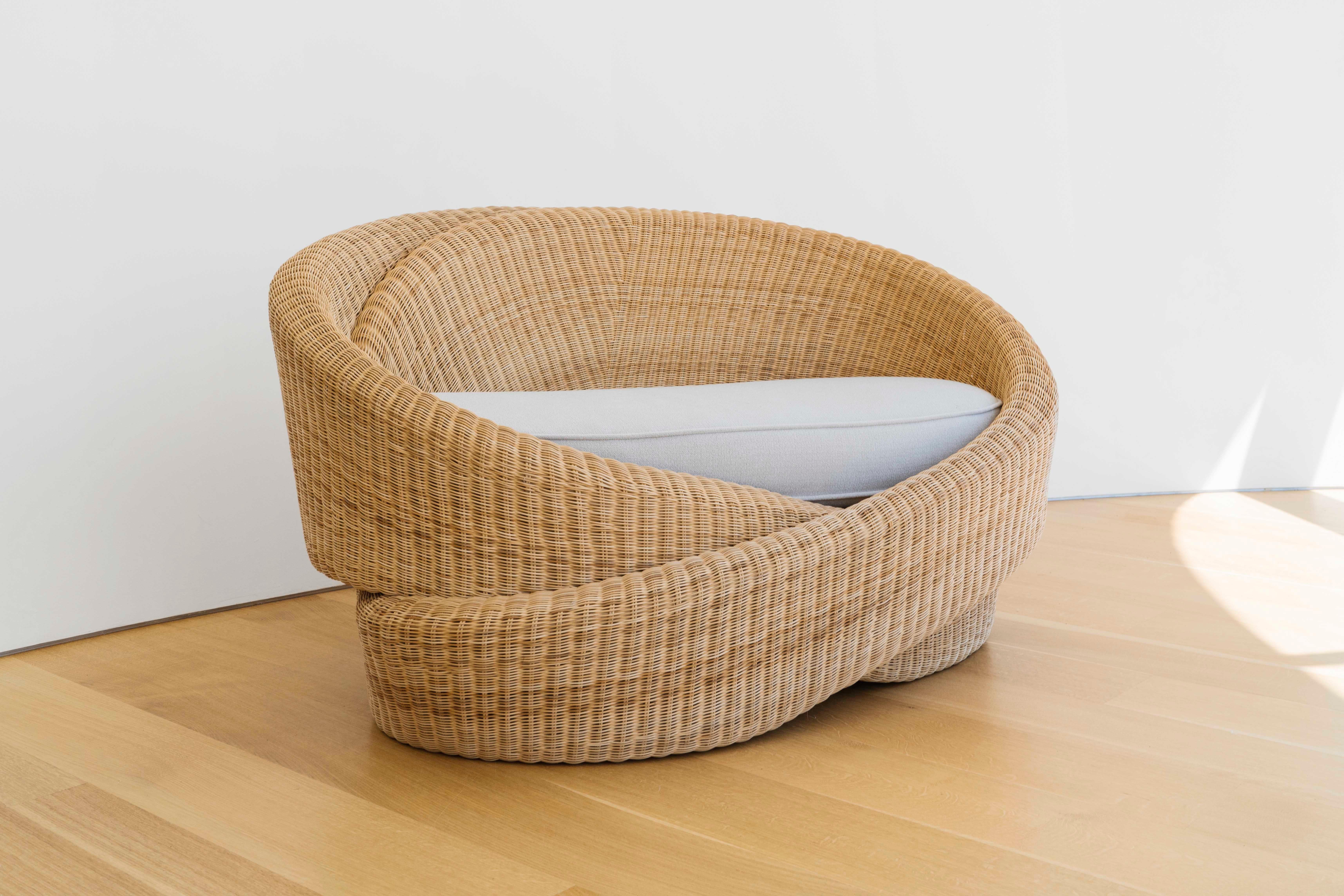 Looped are a set of armchairs in polyethylene rattan, comprising of sculptural knot forms. Edwards Anker says: “The affect of the form imitates the function, which is to embrace the user in their comfort and relaxation.” The indoor/outdoor set,
