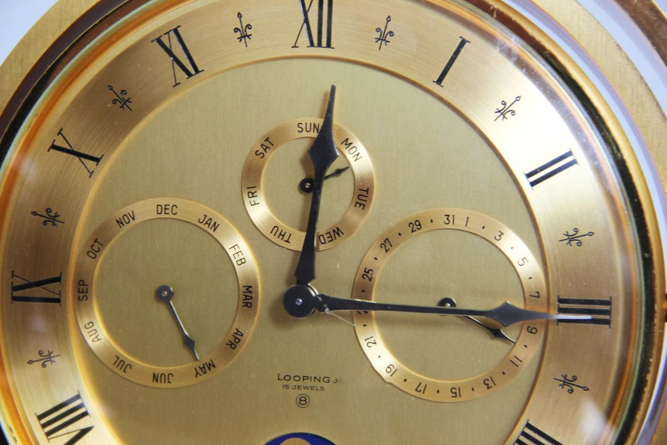 Looping 5 Function Brass Table Clock In Excellent Condition In Hudson, NY