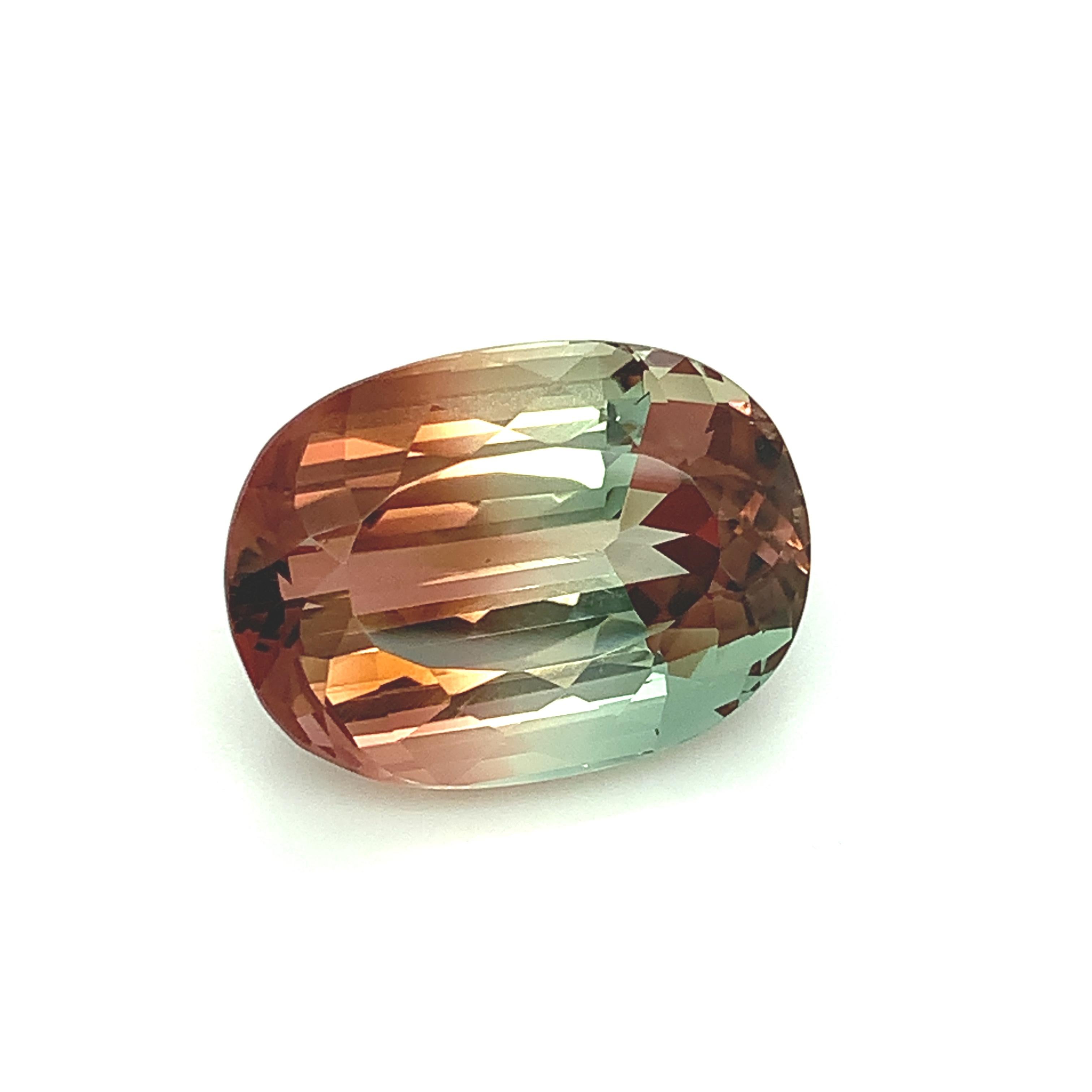 This exceptionally clean and brilliant oval facetted bi-colored tourmaline actually displays more than two gorgeous colors! It begins with a strong peachy pink on one end, gradually becoming more of a pure peach hue before transitioning toward