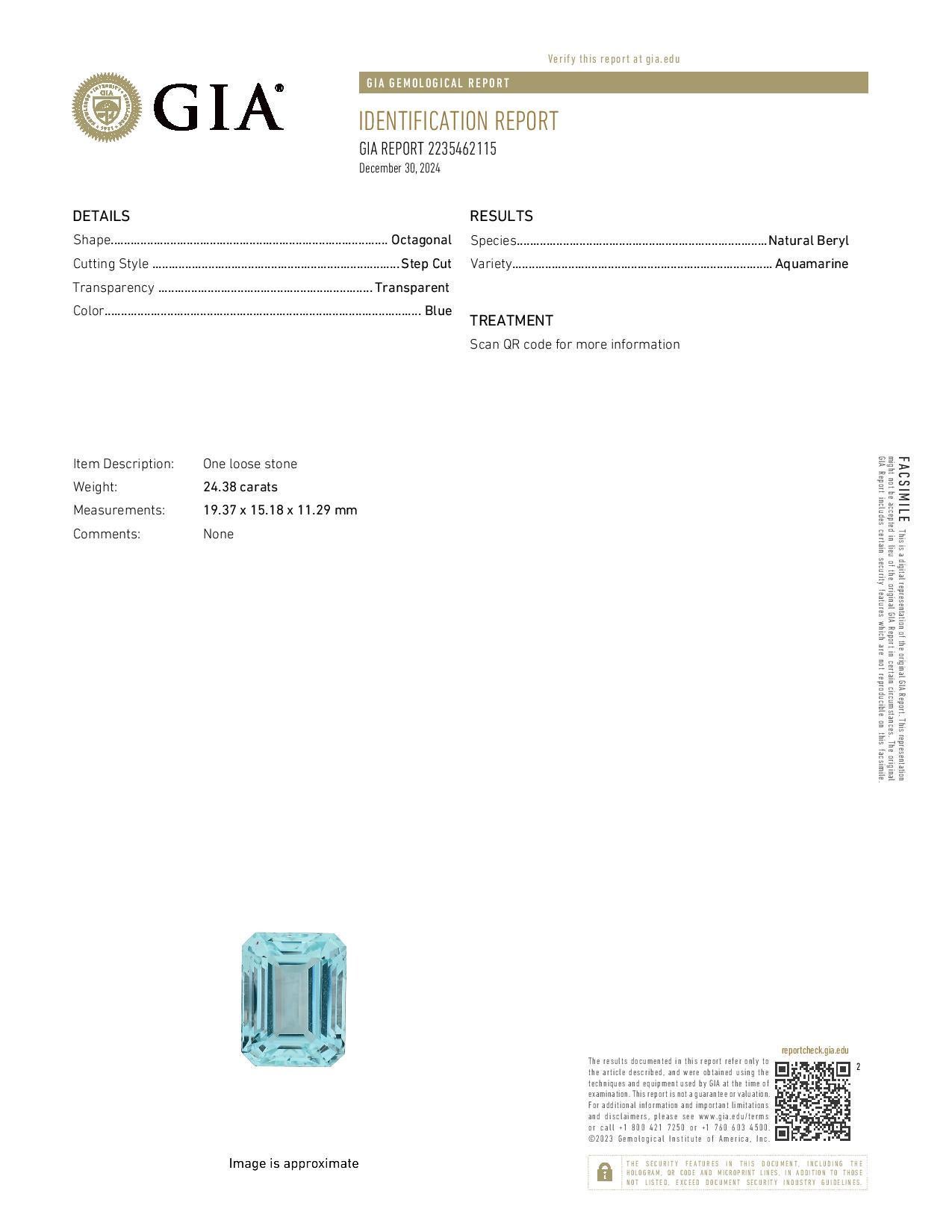 Women's or Men's Loose Aquamarine - Emerald Cut 24.38ct GIA Blue Solitaire For Sale