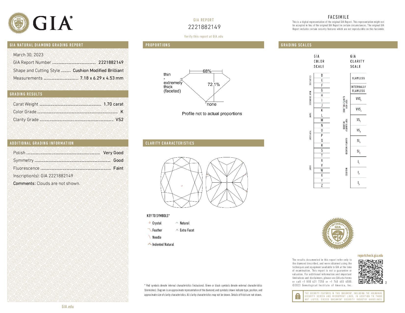 Loose Diamond - Cushion 1.70ct GIA K VS2 Solitaire In New Condition For Sale In Greensboro, NC