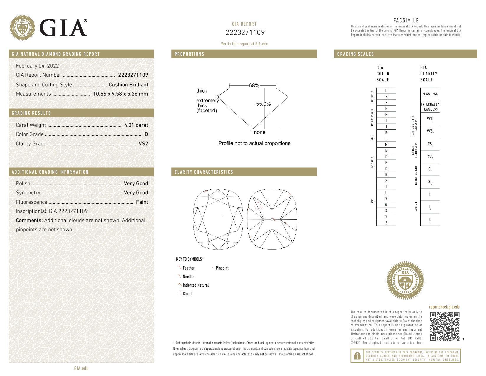 Loose Diamond - Cushion 4.01ct GIA D VS2 Solitaire In New Condition For Sale In Greensboro, NC