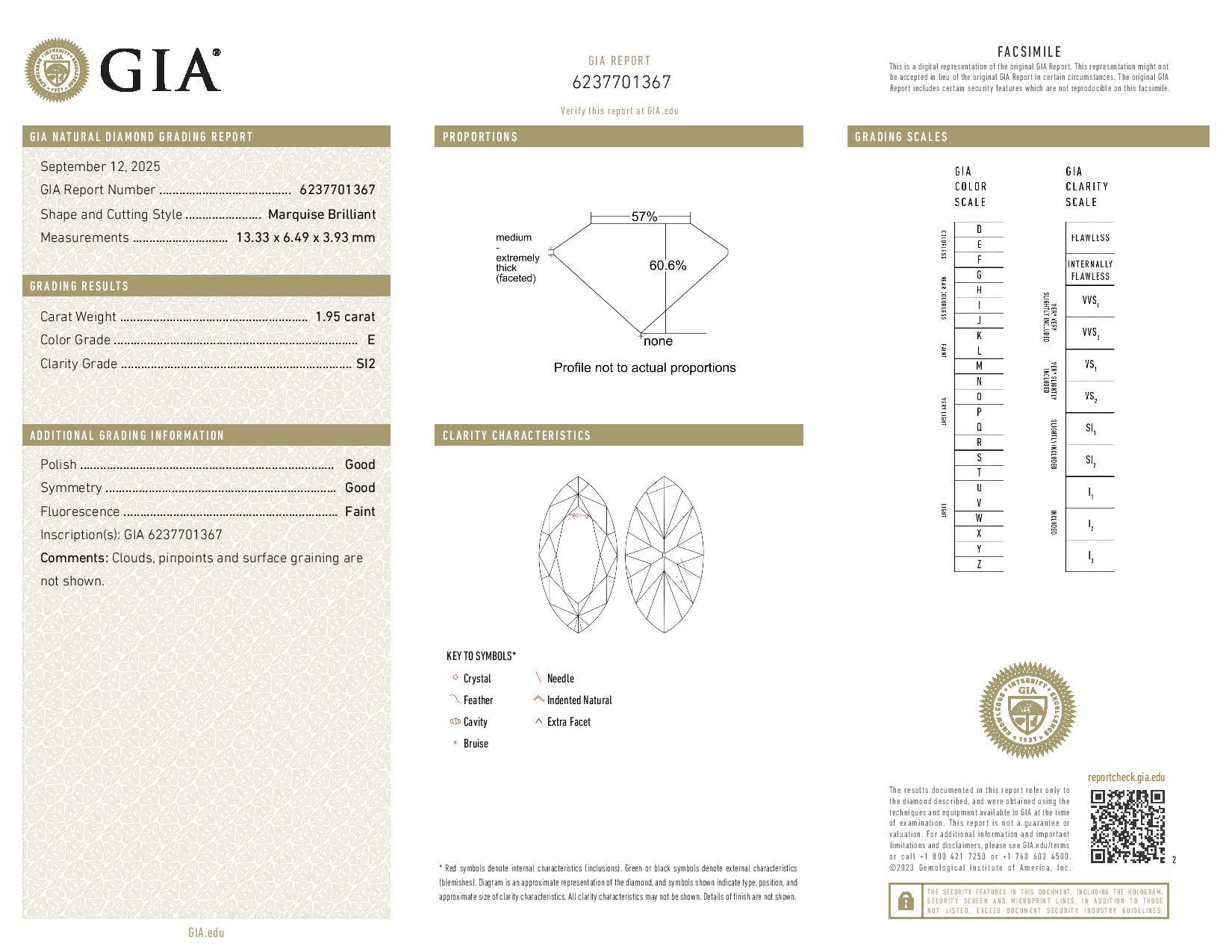 Diamant libre Marquise 1.95ct GIA E SI2 Solitaire Unisexe en vente