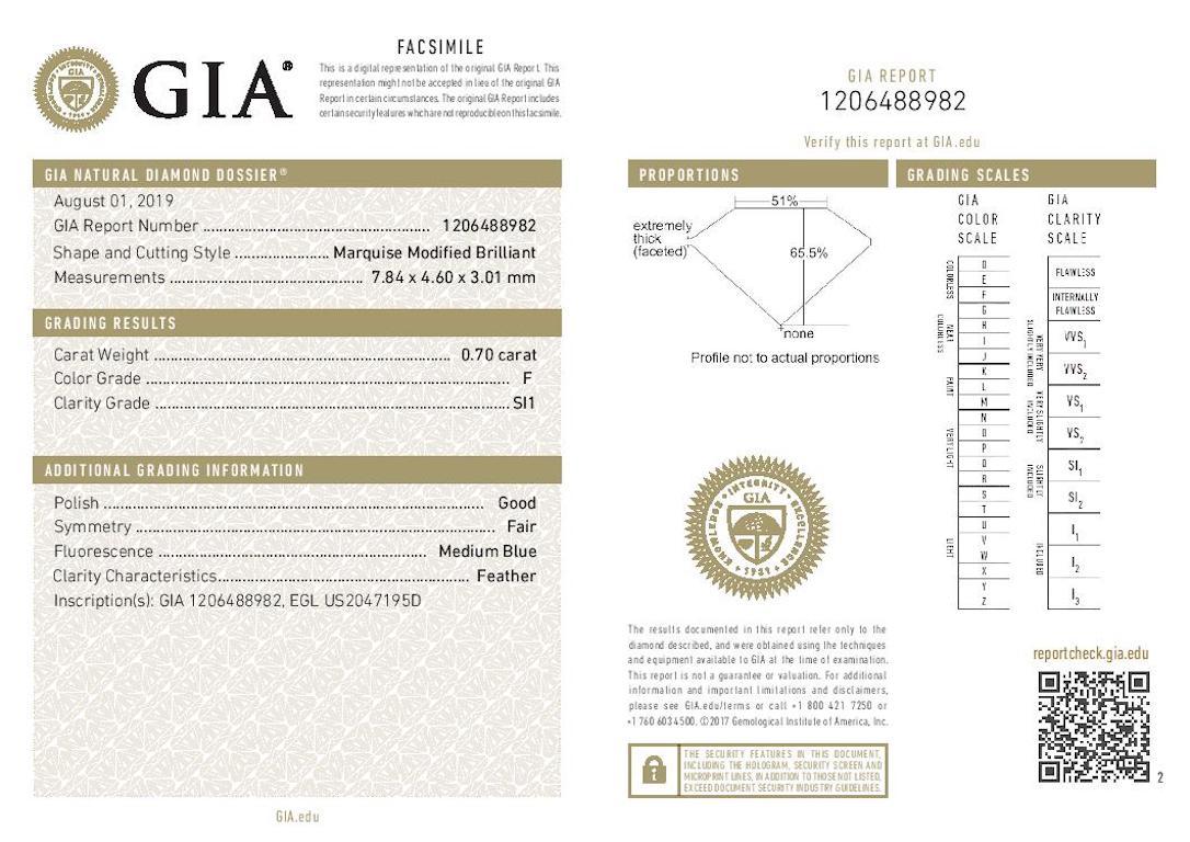 Diamant libre, taille marquise .70 carat GIA SI1 F Solitaire Neuf - En vente à Greensboro, NC