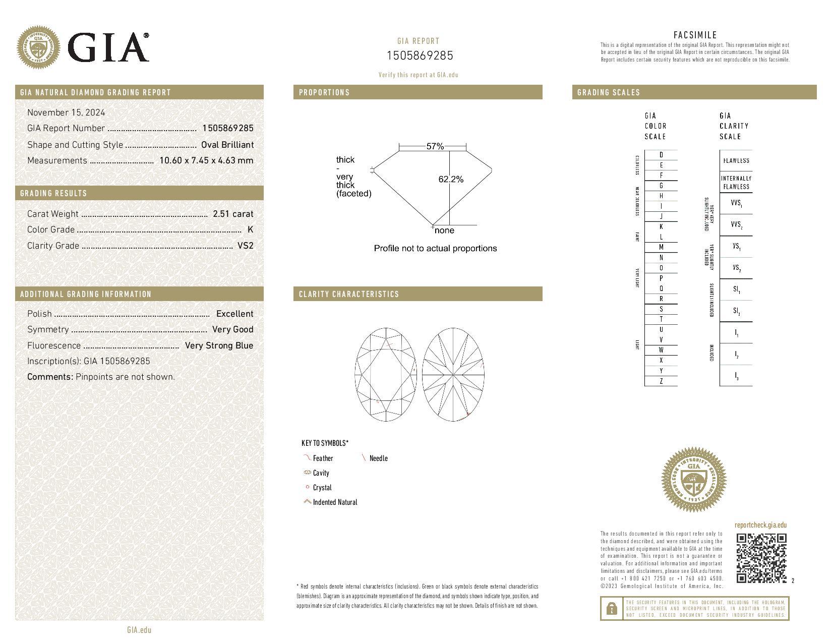 Solitaire ovale de 2,51 carats certifié GIA K VS2 Neuf - En vente à Greensboro, NC